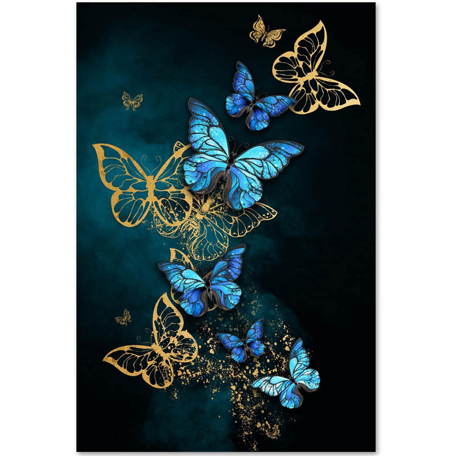 Quadri e poster HD Stampe in HD Farfalla in oro blu su tela Dipinto per soggiorno Estetico Decorazioni per la casa 32 "x48" (80x120 cm) Senza cornice