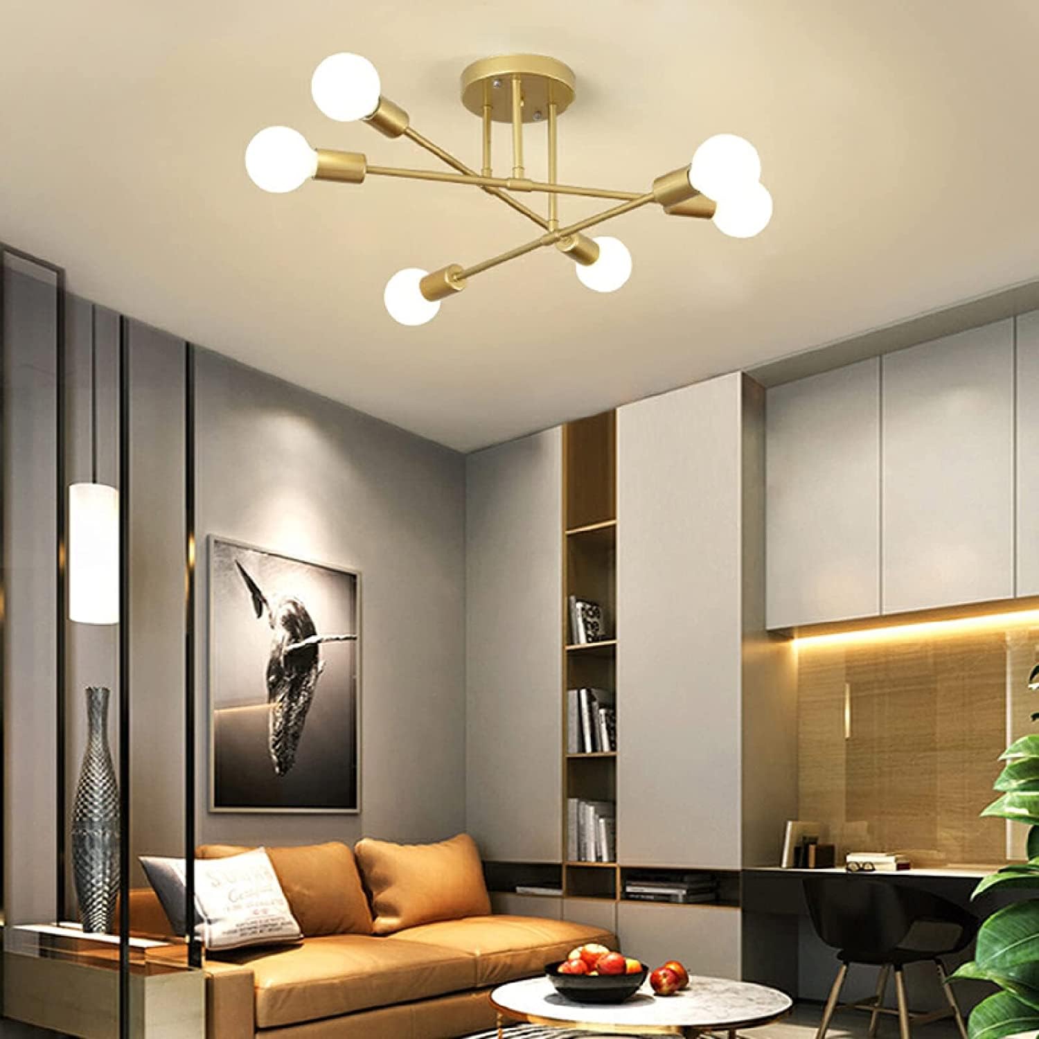 Plafonnier moderne lustre LED doré 6 têtes pour salon noir