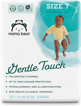 Amazon Brand - Mama Bear Gentle Touch Baby Diapers, Size 7, 20 Count, Wetness Indicator, Stretchy Waistband, Secure Fit