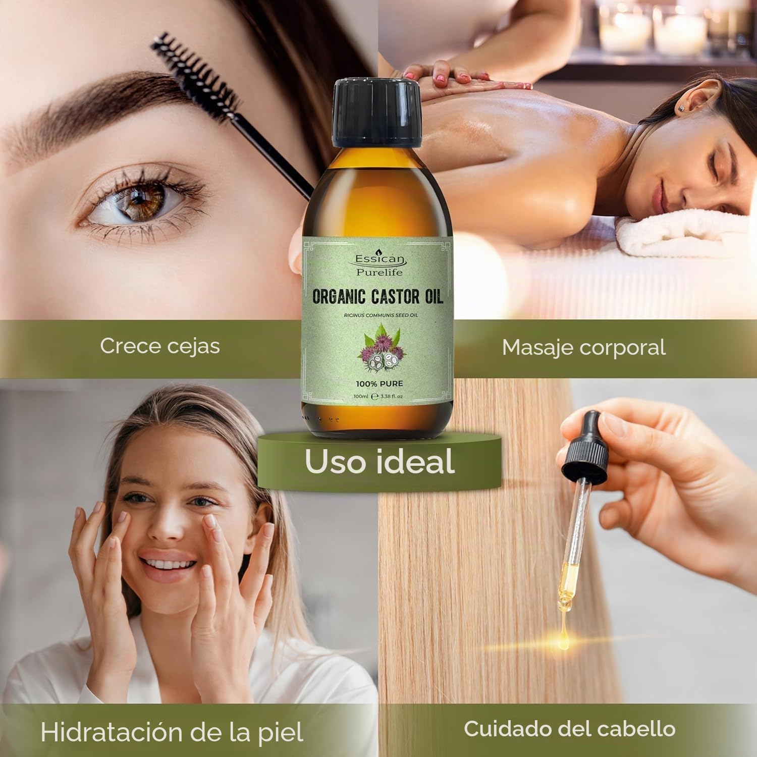 Aceite de Ricino Orgánico Sin Hexano 100ml Botella de Vidrio para Piel y Cabello