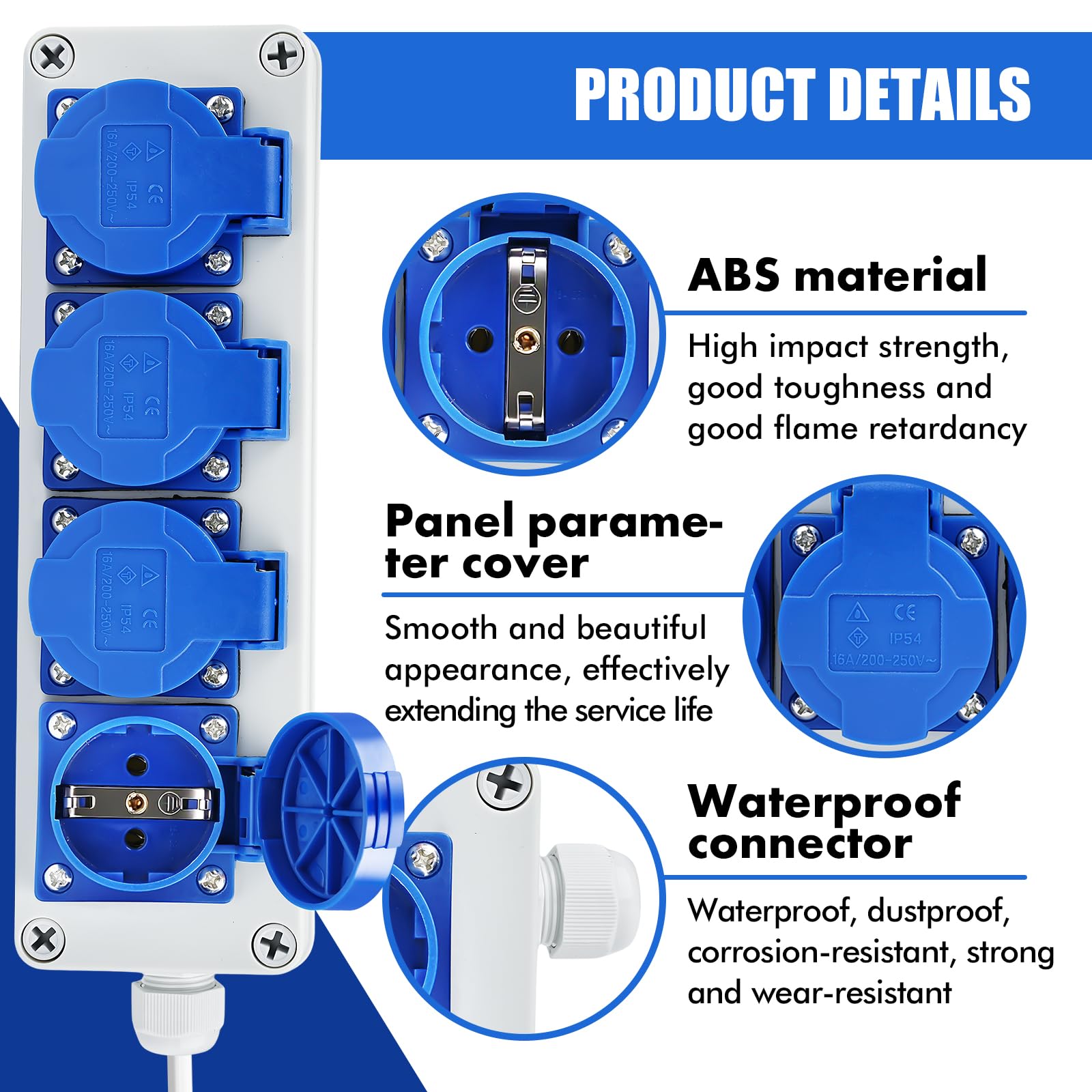 Distribuidor de Enchufes de Pared Caja de Distribución Tomas Schuko 4 x 220 V IP54 Distribuidor de Pared 16A con Cubierta Protectora Individual para Talleres, Interiores y Exteriores