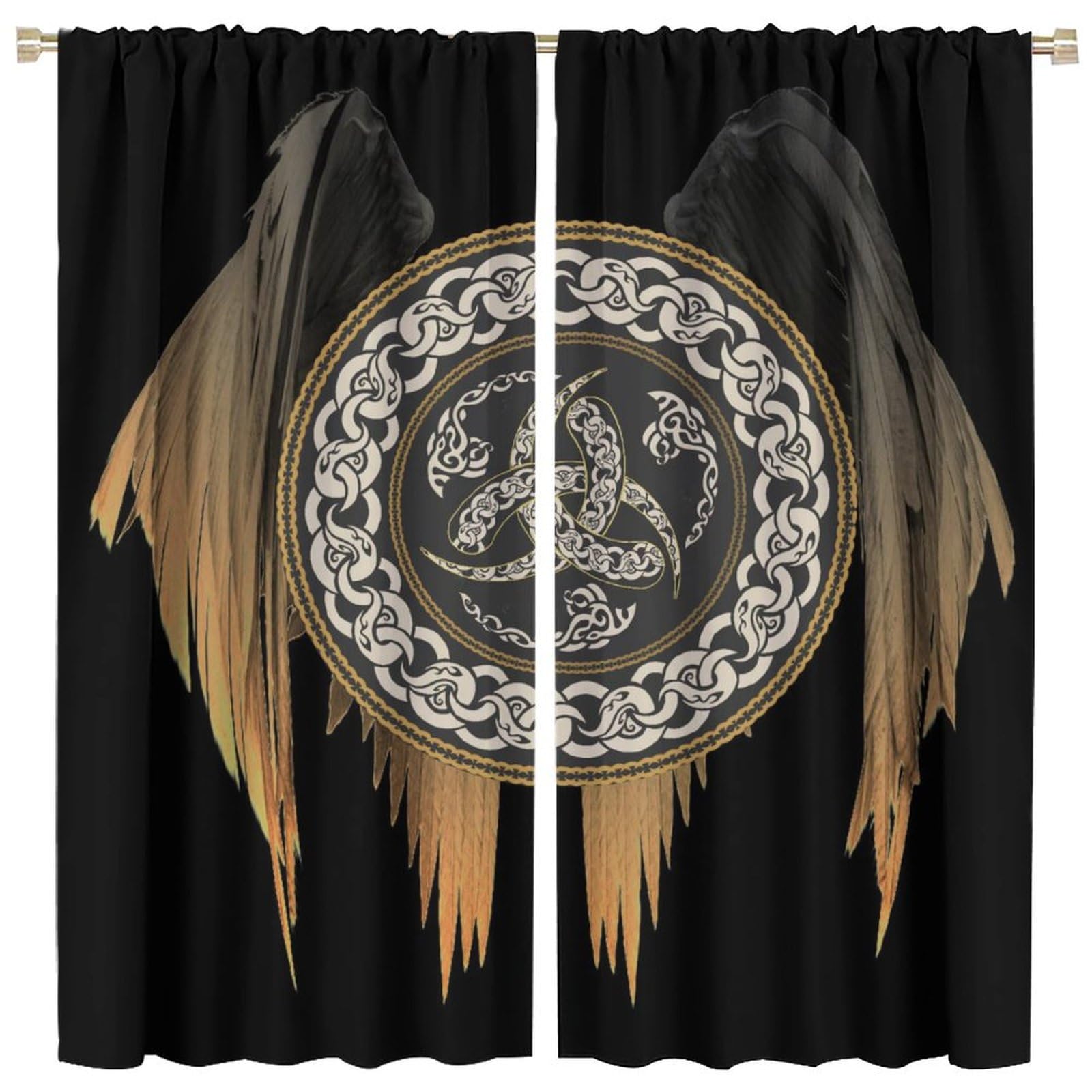 COALHO Vintage Norse Vikings Curtains Black Viking Magical Retro Wings Print Norse Mystical Symbol Window Treatment Blackout Curtains Thermal Insulated Rod Pocket Curtain-2 Panels 45" L x 21" W