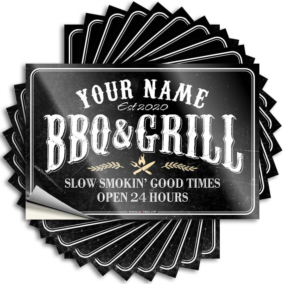 Custom BBQ Grill Sticker 3x5in– Personalized Rustic Waterproof Decal for Outdoor Kitchen, Patio, Backyard – Scratch Resistant Vinyl – Great Gift for Dad, Husband, Pitmaster