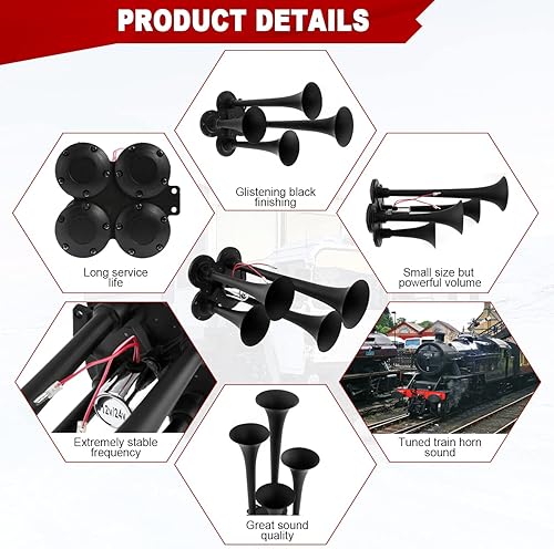 Miniatura 7 de ALAVENTE Bocina de sirena de automóvil de 100 W, 5 tonos, sonora con sistema de altavoz de micrófono PA + kit de bocina de aire de tren de 4