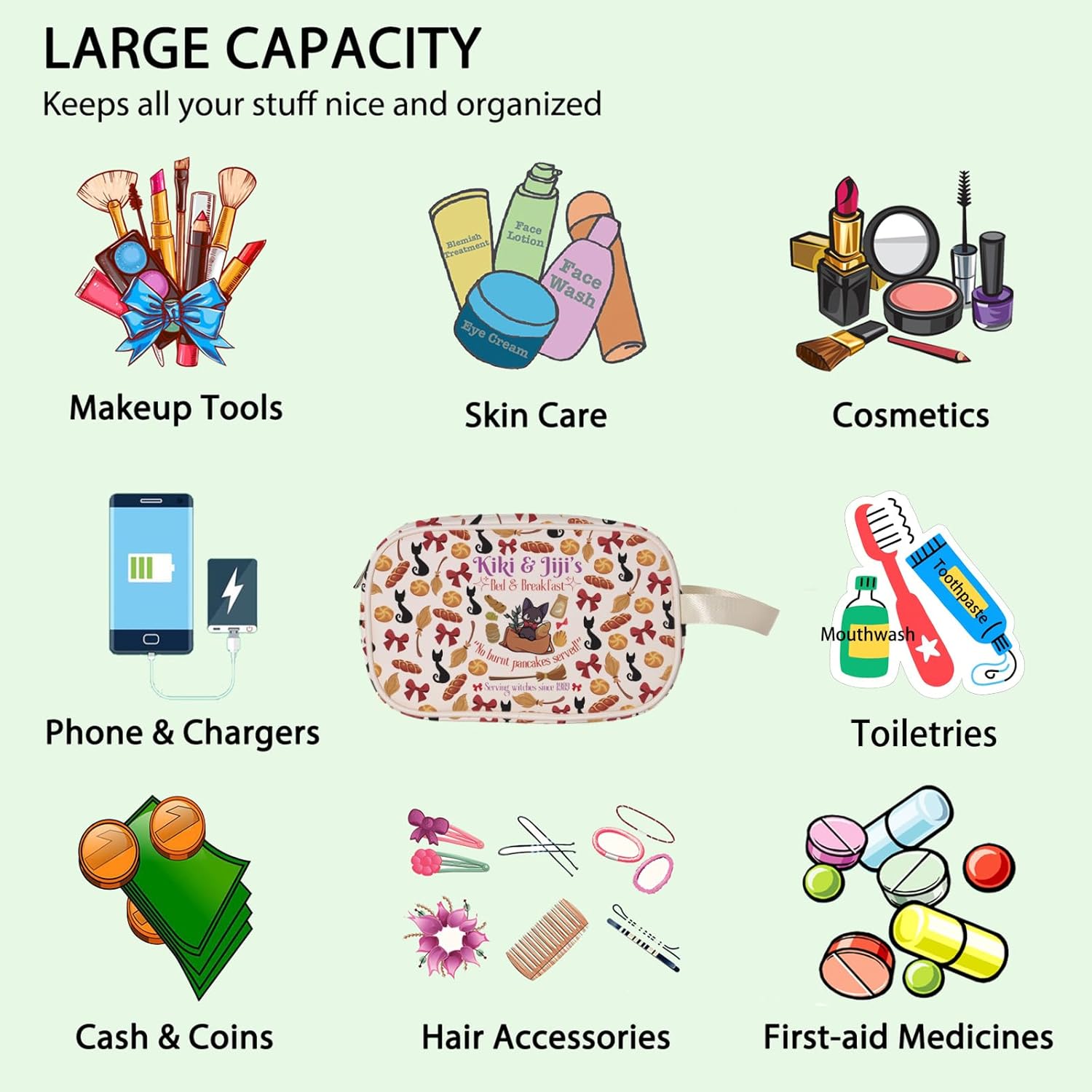 FOTAP Kiki's Anime Lover Gift Kiki&Jiji’s Bed And Breakfast Inspire Clear Makeup Bag Black Cat Lover Animated Movie Themed Gift (kiki C-Makeup) - Image 2