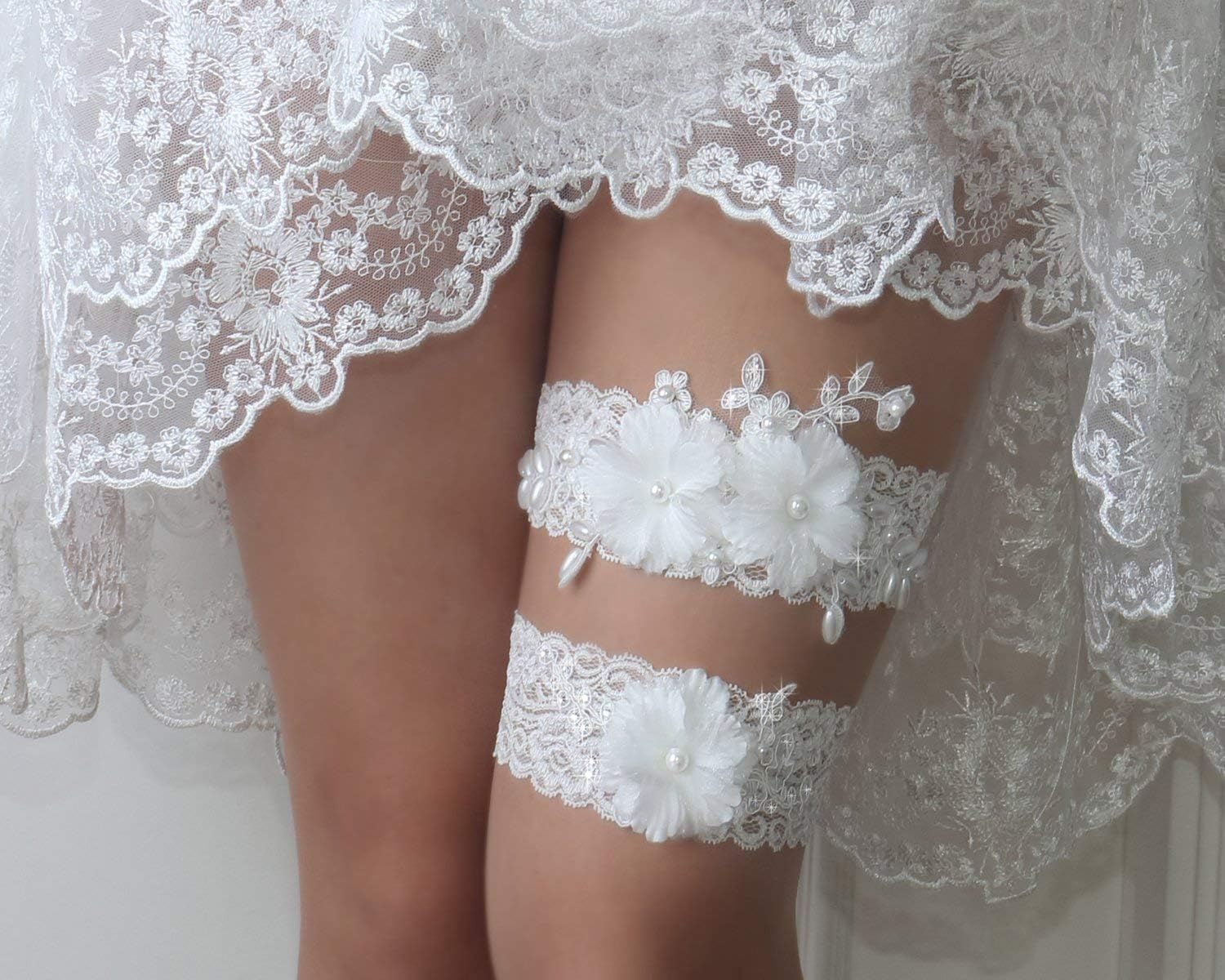 Wedding Garter Set with Flower Lace, Pearls and Rhinestone, Vintage Rustic Bridal Garters