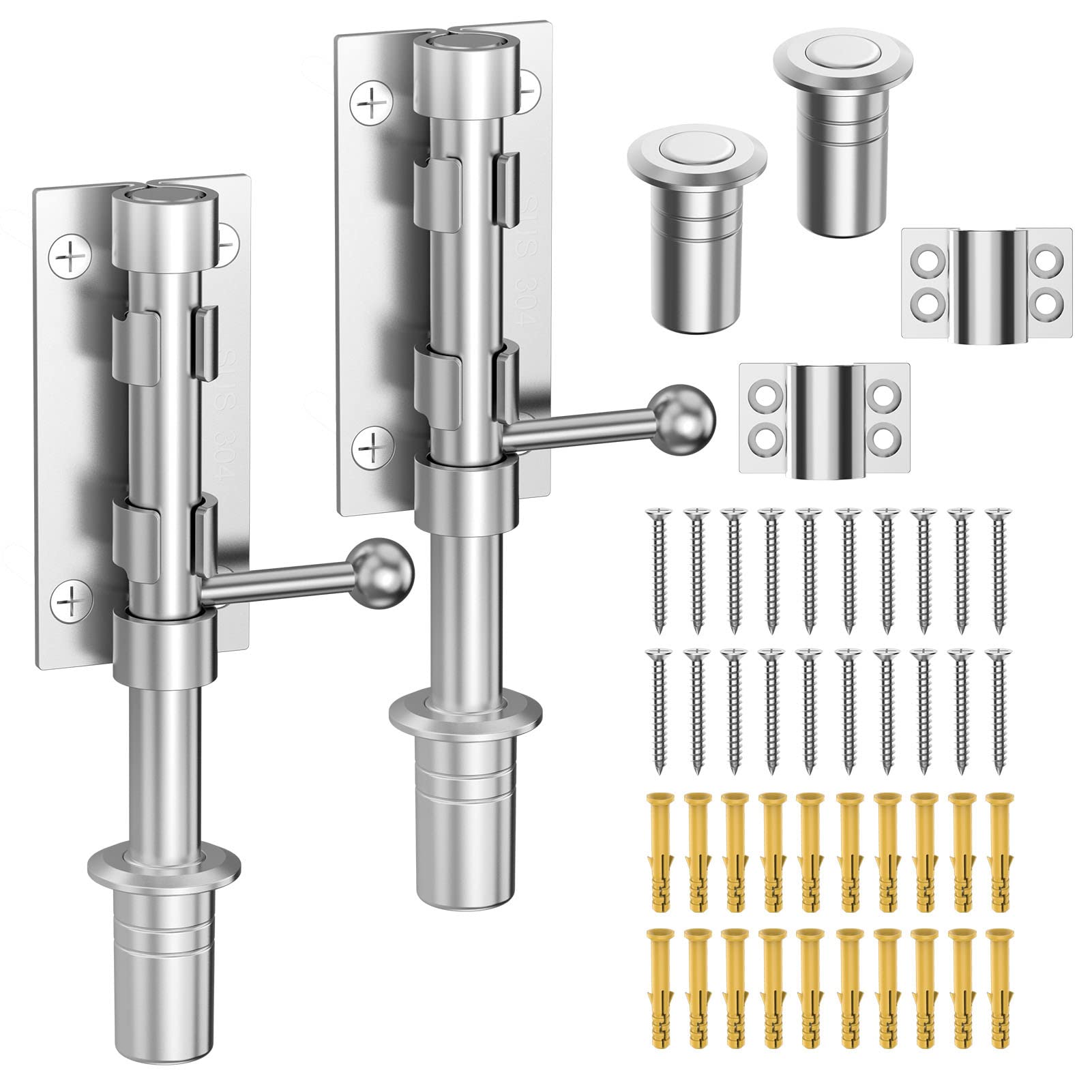 MeBantoo Slide Bolt Gate Latch Hardware, Barrel Bolt Latch, 6.3 Inch Heavy Duty Solid 304 Stainless Steel Silver Finish Lock for Wooden Fence/Shed/Yard/Barn Door/Interior and Outdoor (2 Pack Silver)