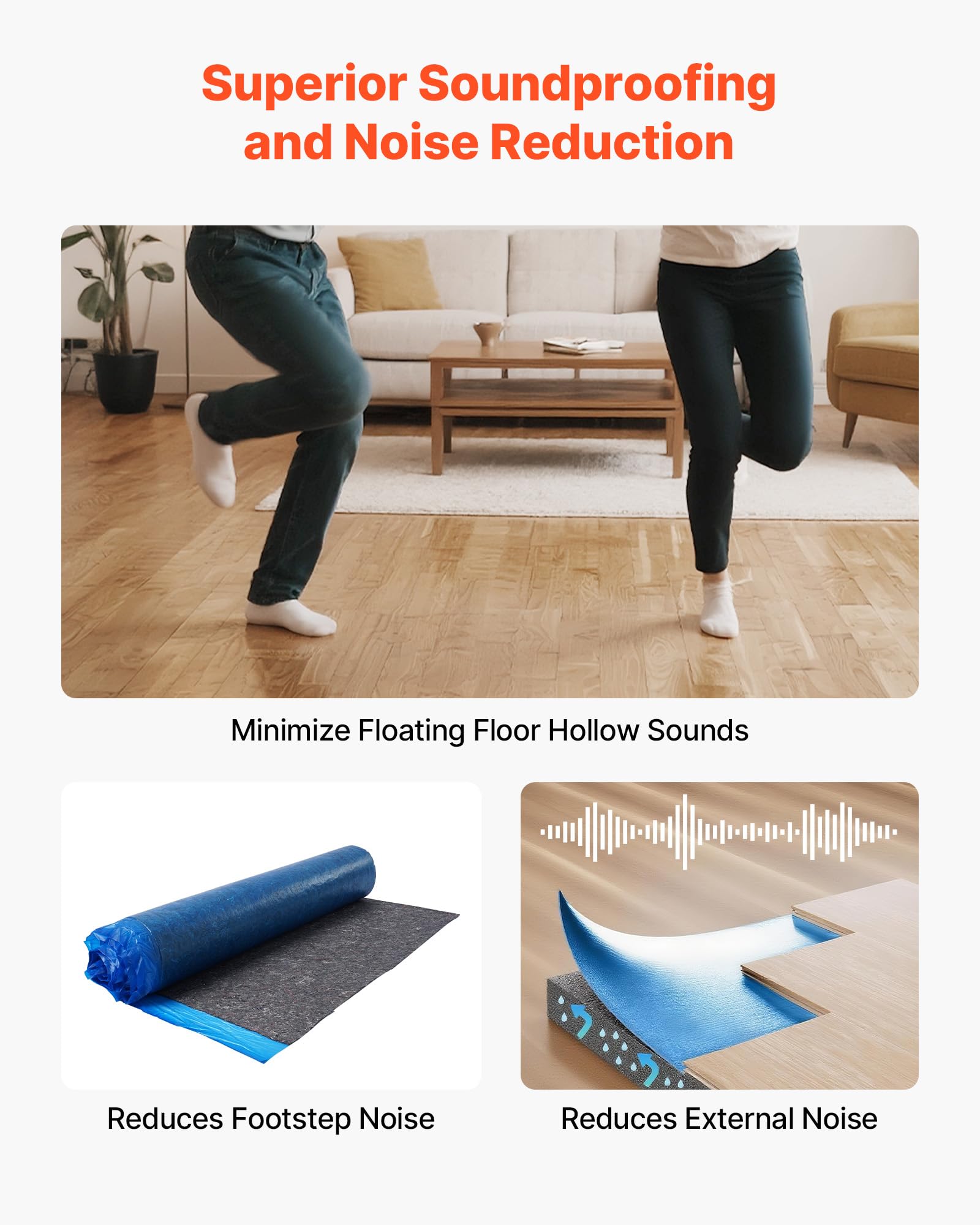 VEVOR Sottopavimento 9,3 m² Un Rotolo, Imbottitura per Pavimenti in Laminato con Barriera al Vapore Integrata, Fibra ad Alta Resistenza e Pellicola in PE, Isolamento Acustico, per Laminato Legno