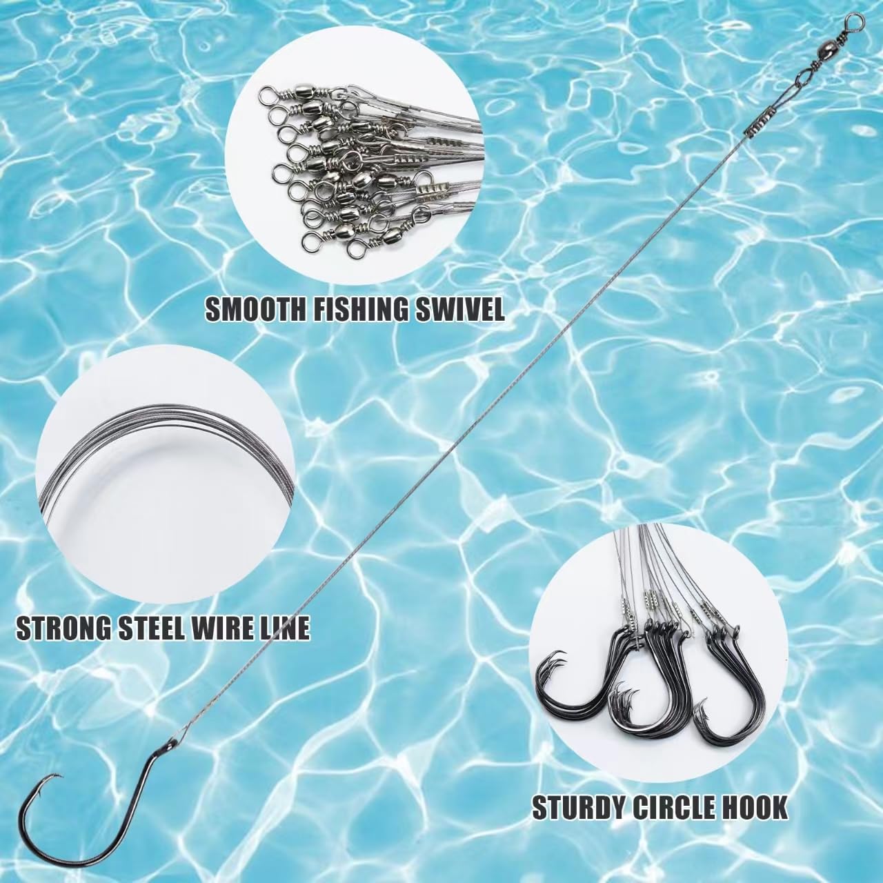 CWSDXM Circle Hooks Rigs, 15pcs Fishing Leader Rigs with Steel Leader Wire and Circle Hooks 1/0 2/0 3/0 4/0 5/0 6/0 7/0 8/0 9/0 10/0 for Bass, Catfish Fishing (2/0)