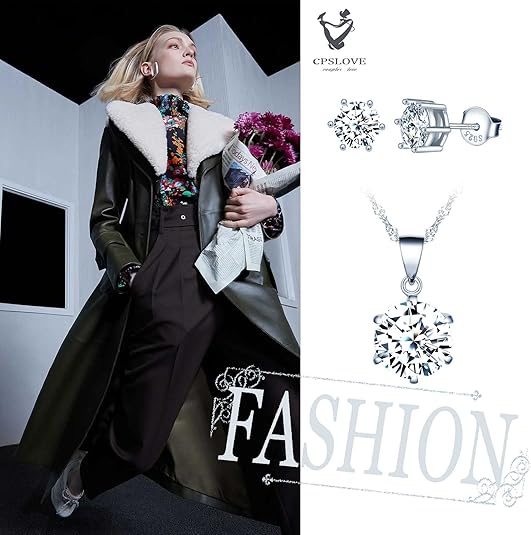 Set Gioielli Donna Argento 925: Collana Con Zircone A Sei Griffe E Orecchini A Bottone, Catena 45cm, Regalo Elegante