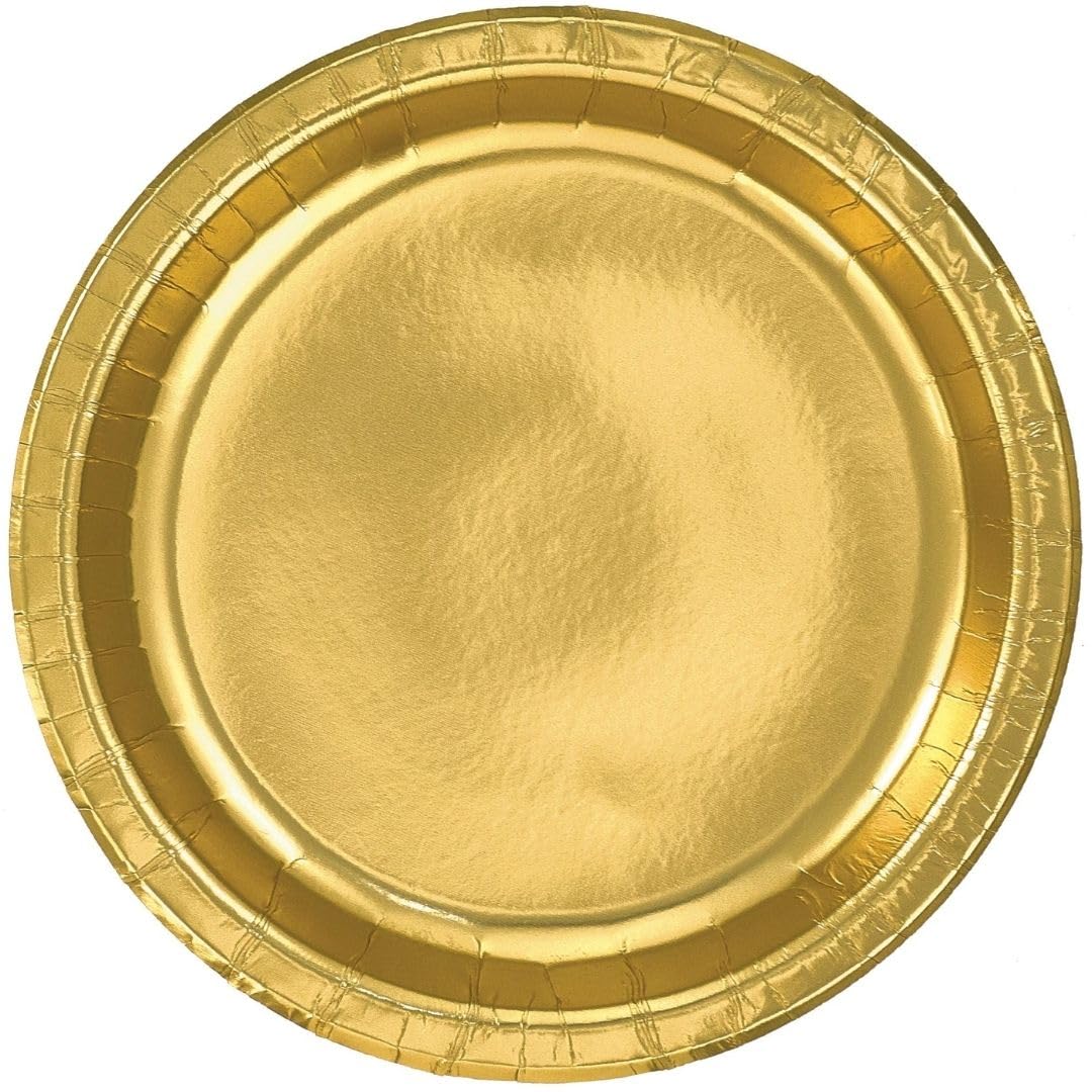 Amscan Złote okrągłe metaliczne talerze papierowe (17 cm) opakowanie 8 sztuk – trwała i elegancka zastawa stołowa na imprezy i imprezy