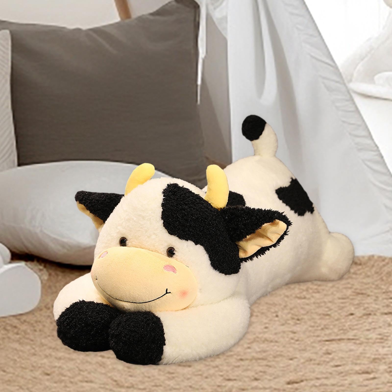 Plüschkuh Kuscheltier Kuh Stofftier Plüschtier Schmusetier Flauschig Und Hautfreundlich für Kinder Erwachsene Reisebegleiter, Schwarz