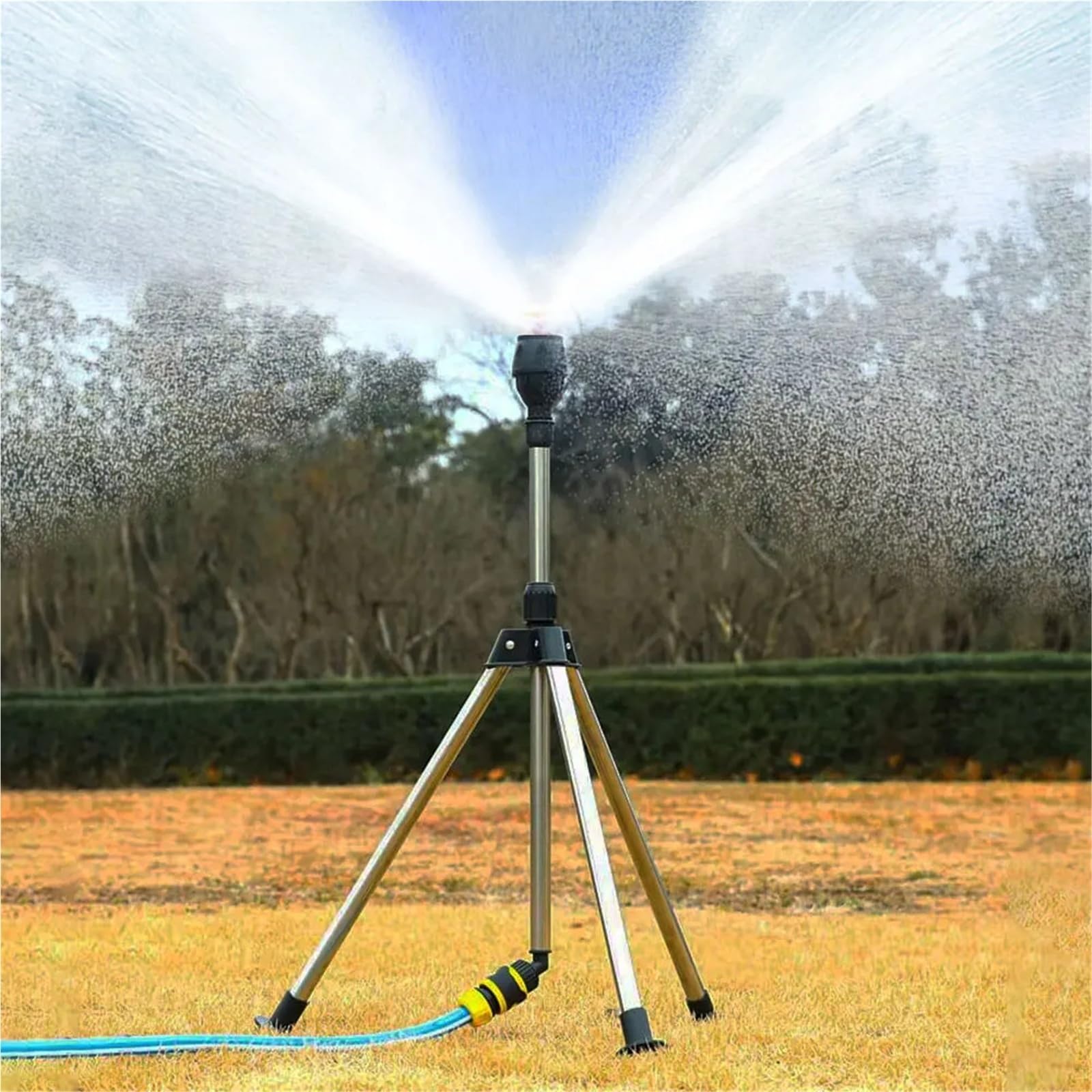Aspersor giratorio para sistemas de riego de jardín, ajustable 360° con trípode telescópico, solución automática de riego de césped