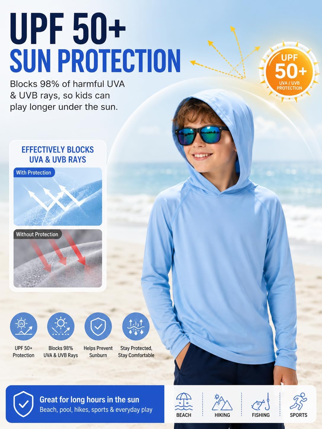 ZITY 5 Pack Rash Guard for Boys Long Sleeve Hooded Swim Shirt Kids UPF50+ Sun Protection Fishing Shirt Lightweight