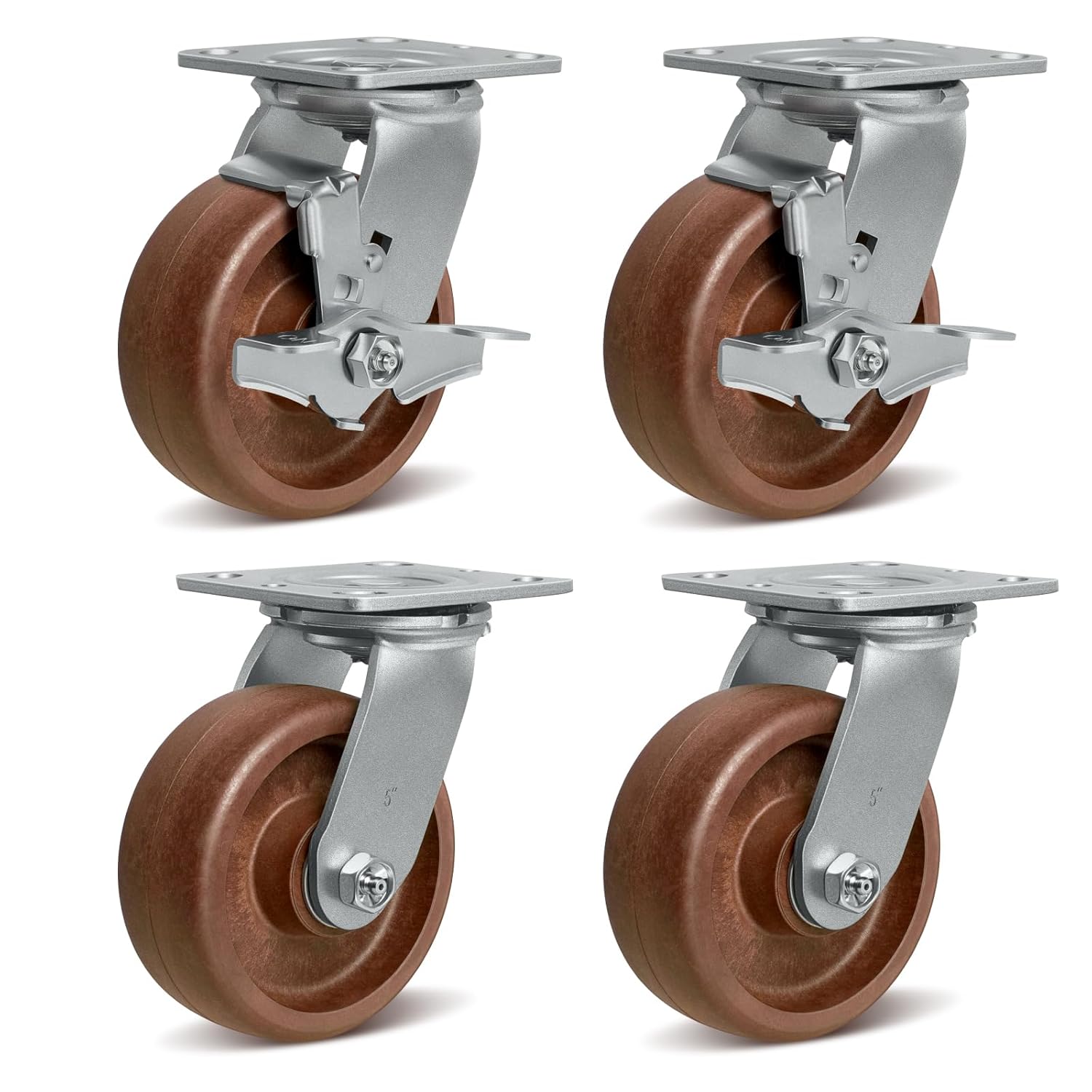 5"X2" High-Temp Nylon Heavy Duty Casters Set of 4,2 Swivel Top Lock Brake & 2 Swivel,Industrial Casters for Bakery, Metal Smelting, Commercial Kitchen-4000 LBS Load Capacity