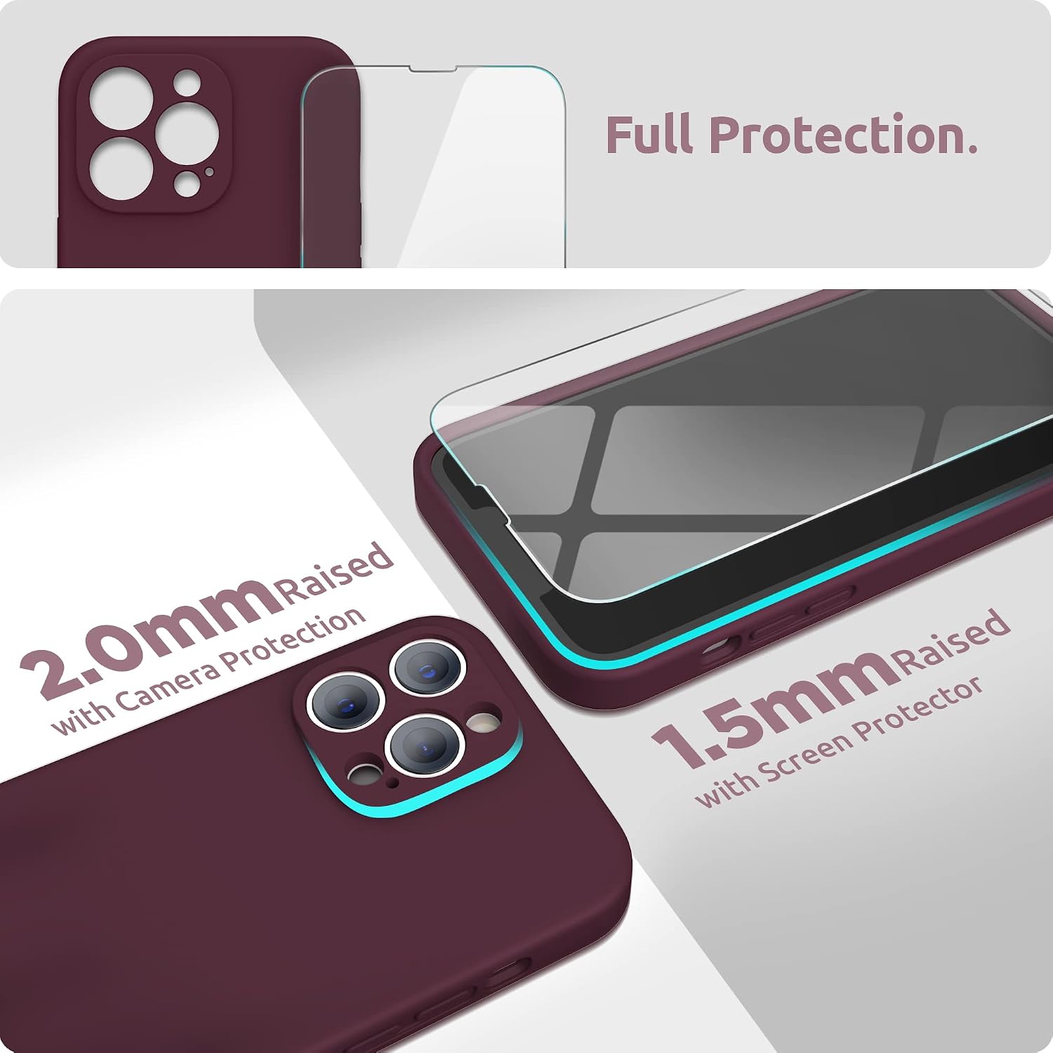 SURPHY Compatible with iPhone 13 Pro Max Case with Screen Protector, (Camera Protection + Soft Microfiber Lining) Liquid Silicone Phone Case 6.7 inch 2021, Plum