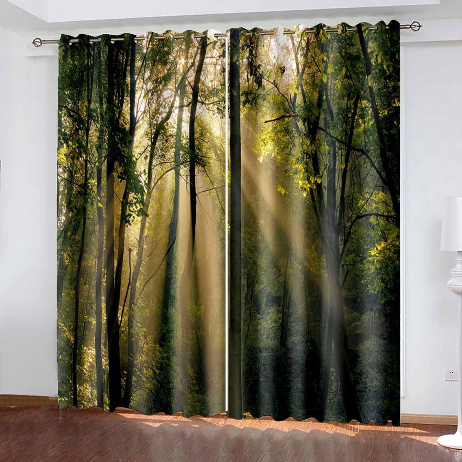 Czeska zasłona zaciemniająca, zasłony zaciemniające ciemnozielony słoneczny krajobraz lasu poliester 2 panele 264x229cm