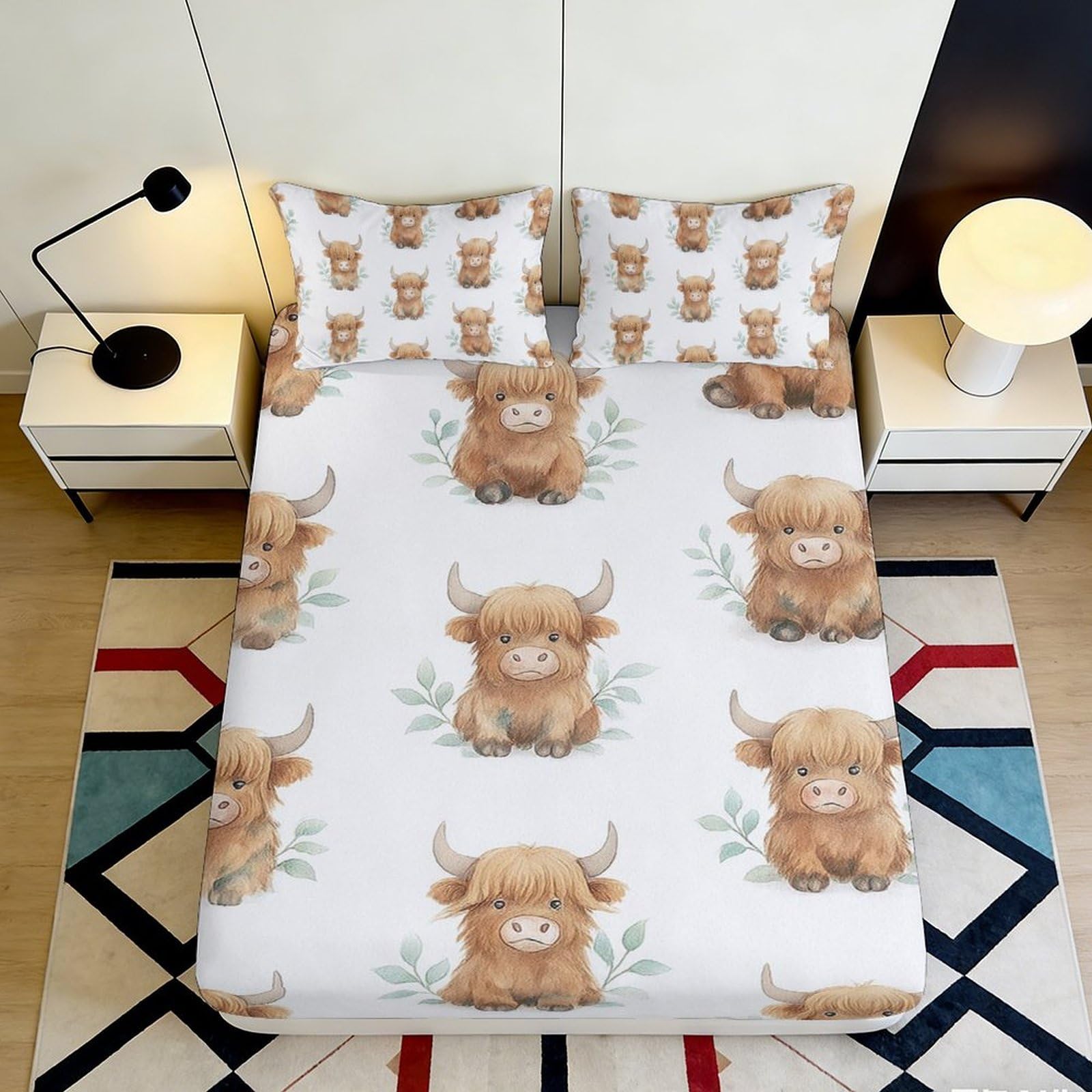 3D Printed Highland Cow Fitted Sheet Microfiber Cute Cartoon Cattle Mattress Cover for Bedroom Guest Room Easy Care 90x200x25cm