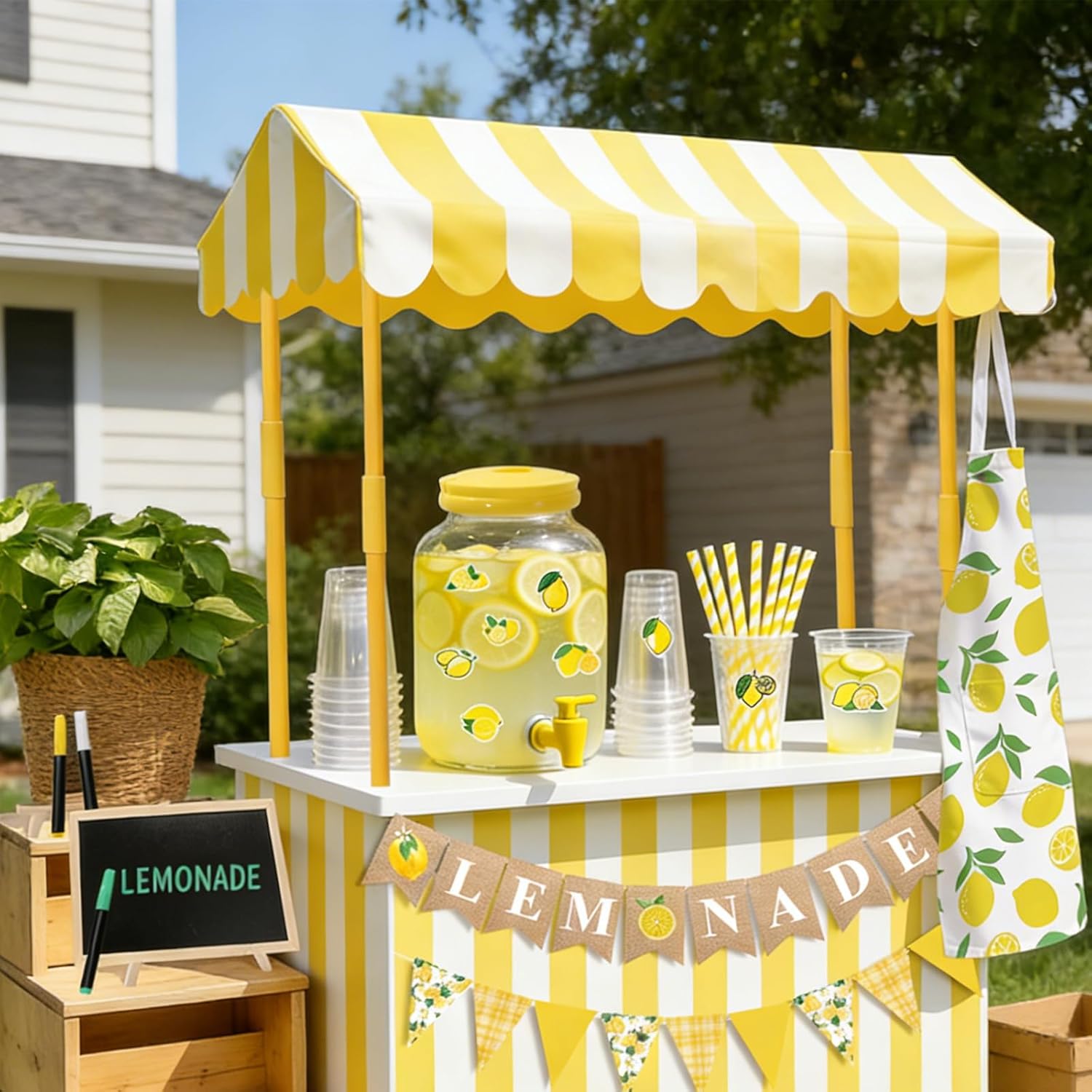 Whaline 115Pcs Lemonade Stand Kits Include Shelf Roof Pennant Banner Table Skirt Plastic Juice Dispenser Drink Cups with Lids Straws Blackboard Lemon Stickers for Summer Birthday