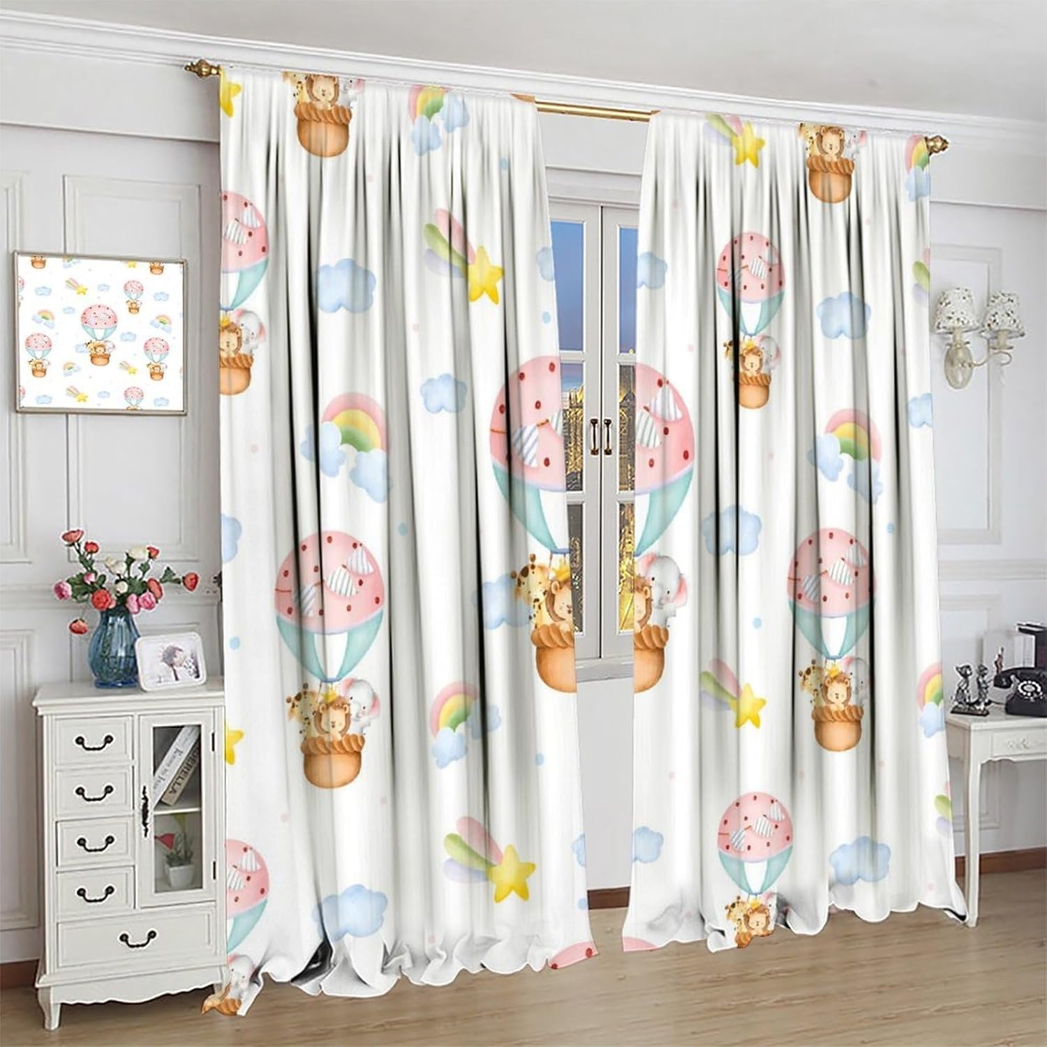 Watercolor Safari Animal Curtains, Cartoon Hot Air Balloon Cute Animals Giraffe Lion Elephant Rainbow Stars Print Blackout Window Treatments for Kids Bedroom Livingroom, 63" W X 72" L