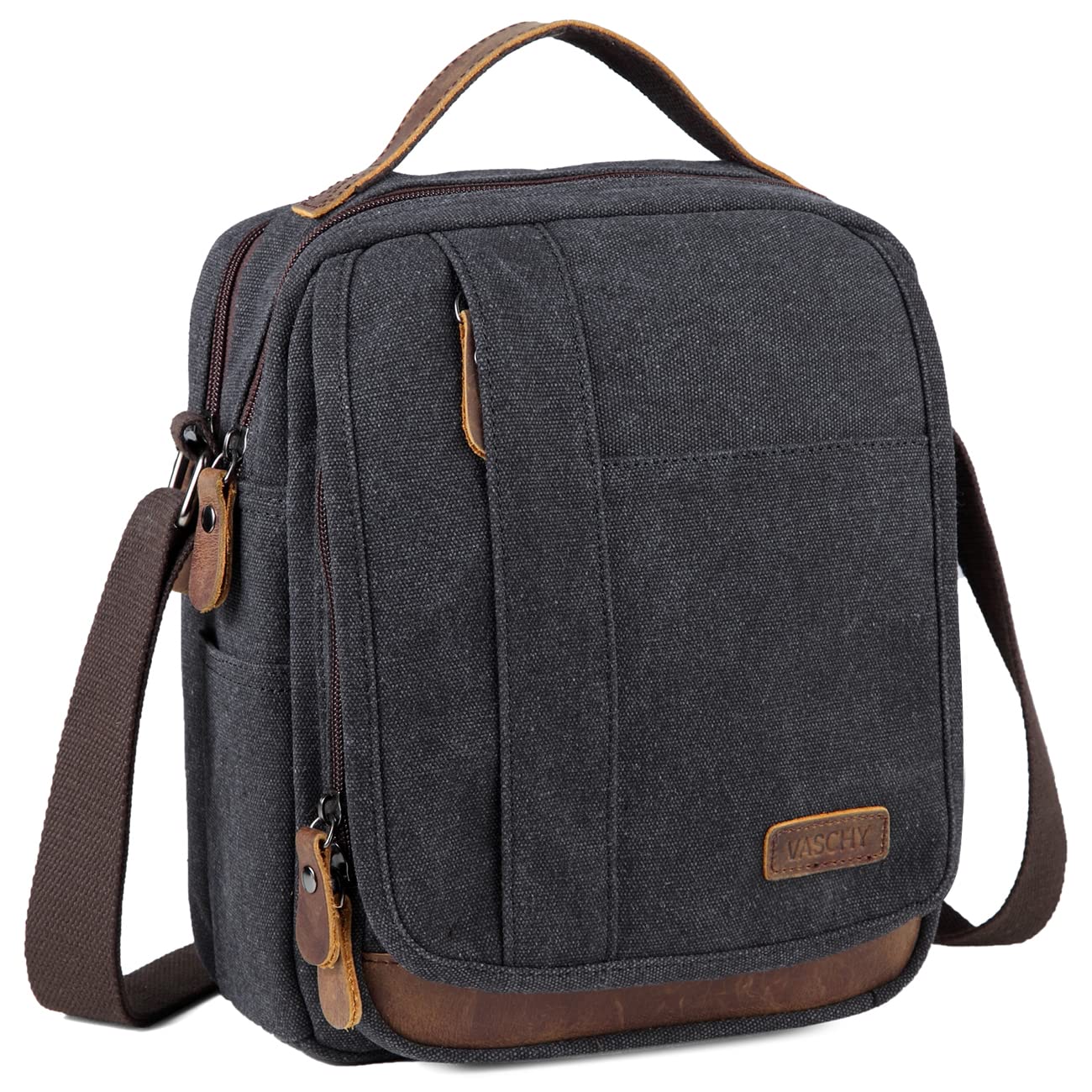 VASCHY Bolso Bandolera Hombre Pequeño de Lona y Cuero, Resistente al Agua, 7,7 L, Cabe iPad 10,2", Bolsillo Trasero Antirrobo, Múltiples Bolsillos, Para Trabajo y Viaje, Gris Oscuro