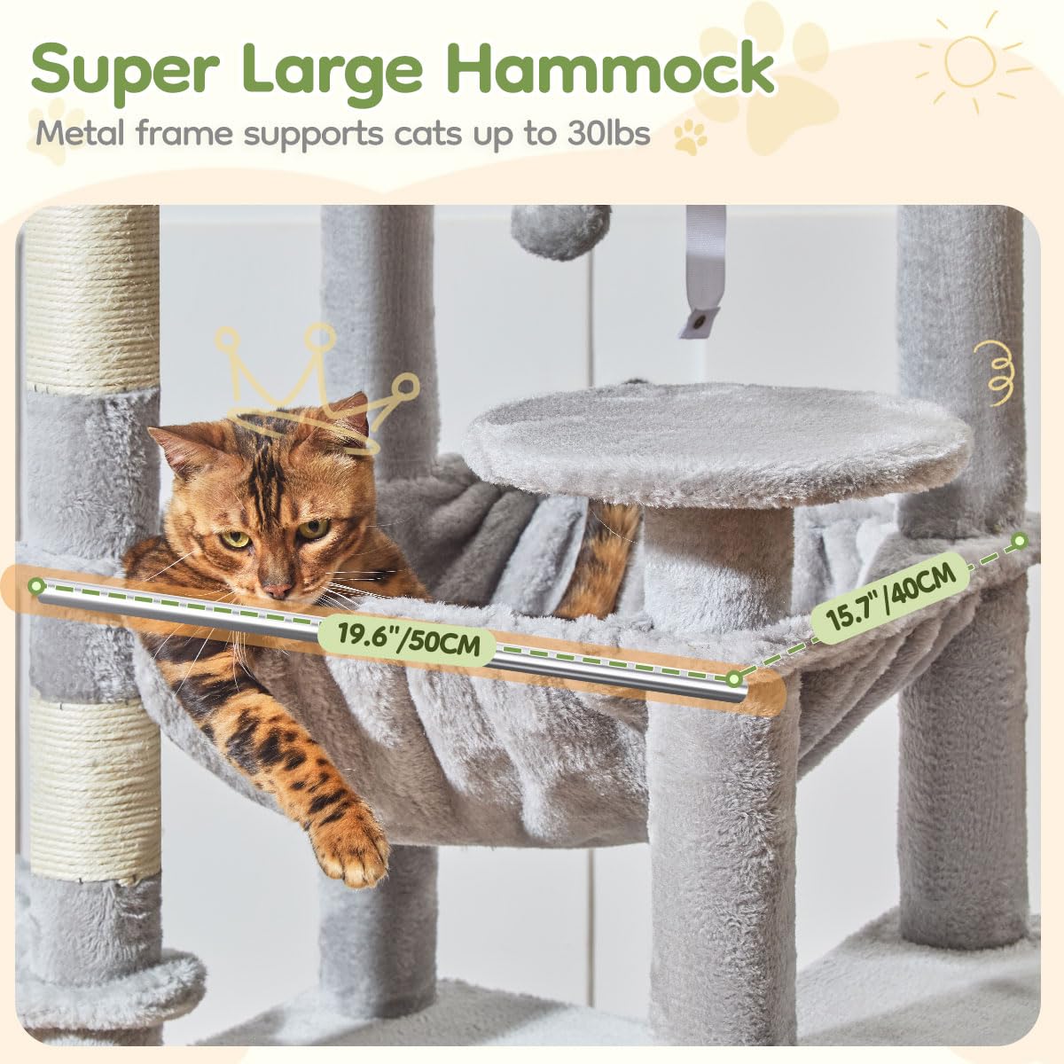 Taoqimiao Árbol para Gatos Grandes 183 cm, Árbol Rascador Multinivel con Cabaña Ancha, Panel Rascador Grande, 5 Postes Arañadores, Hamaca Metálica y Cesta Cómoda, MS045W Gris Claro