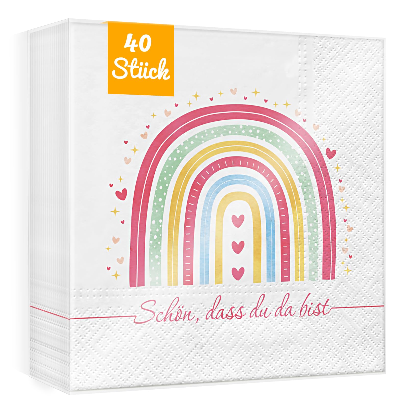 WenmthG Regenbogen Deko Servietten Kindergeburtstag Deko - 40 Stück Regenbogen Servietten für Taufe Kindergeburtstag Einschulung Mädchen Babyparty mit Spruch Schön dass du da bist - 33 x 33 cm