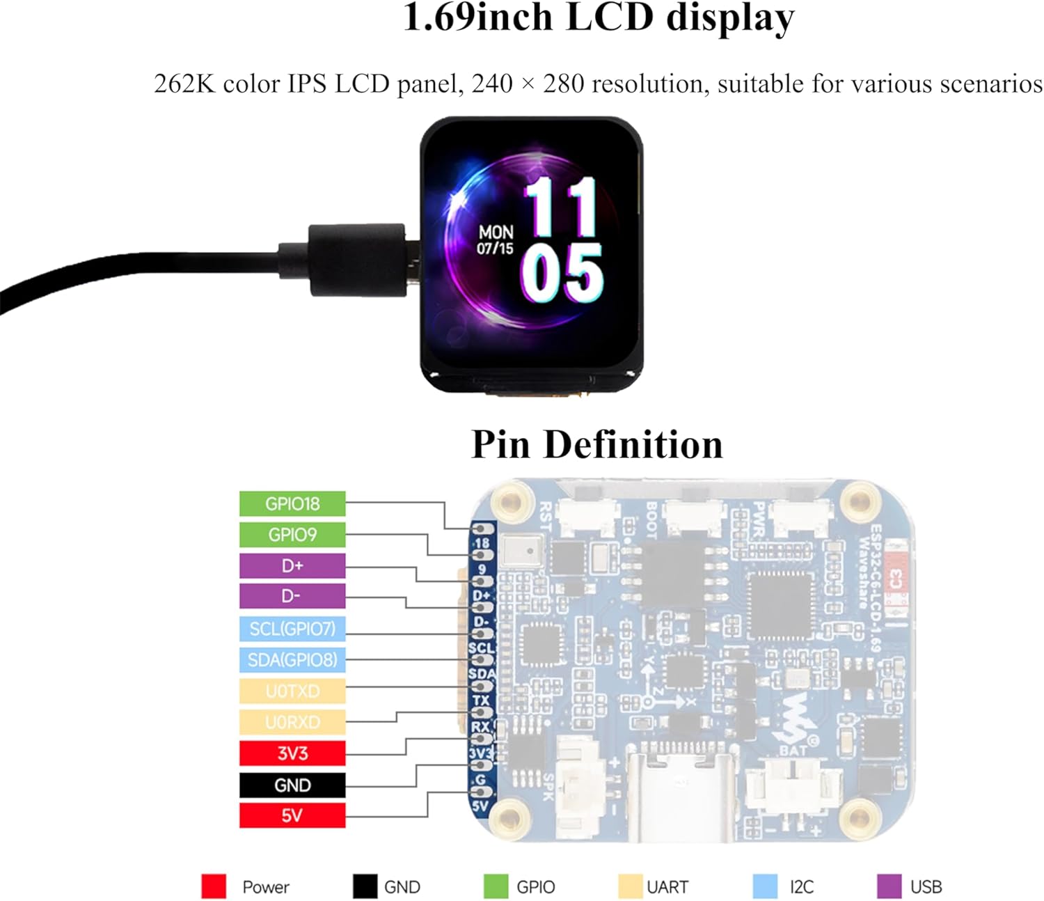 ESP32-C6 1.69inch LCD Development Board, ESP32 with Display 240×280 Pixels, Supports Wi-Fi 6/BLE 5, 160MHz RISC-V Processor,SPI Interface, AI Speech,Support AI Voice Interaction, Comes with Speaker