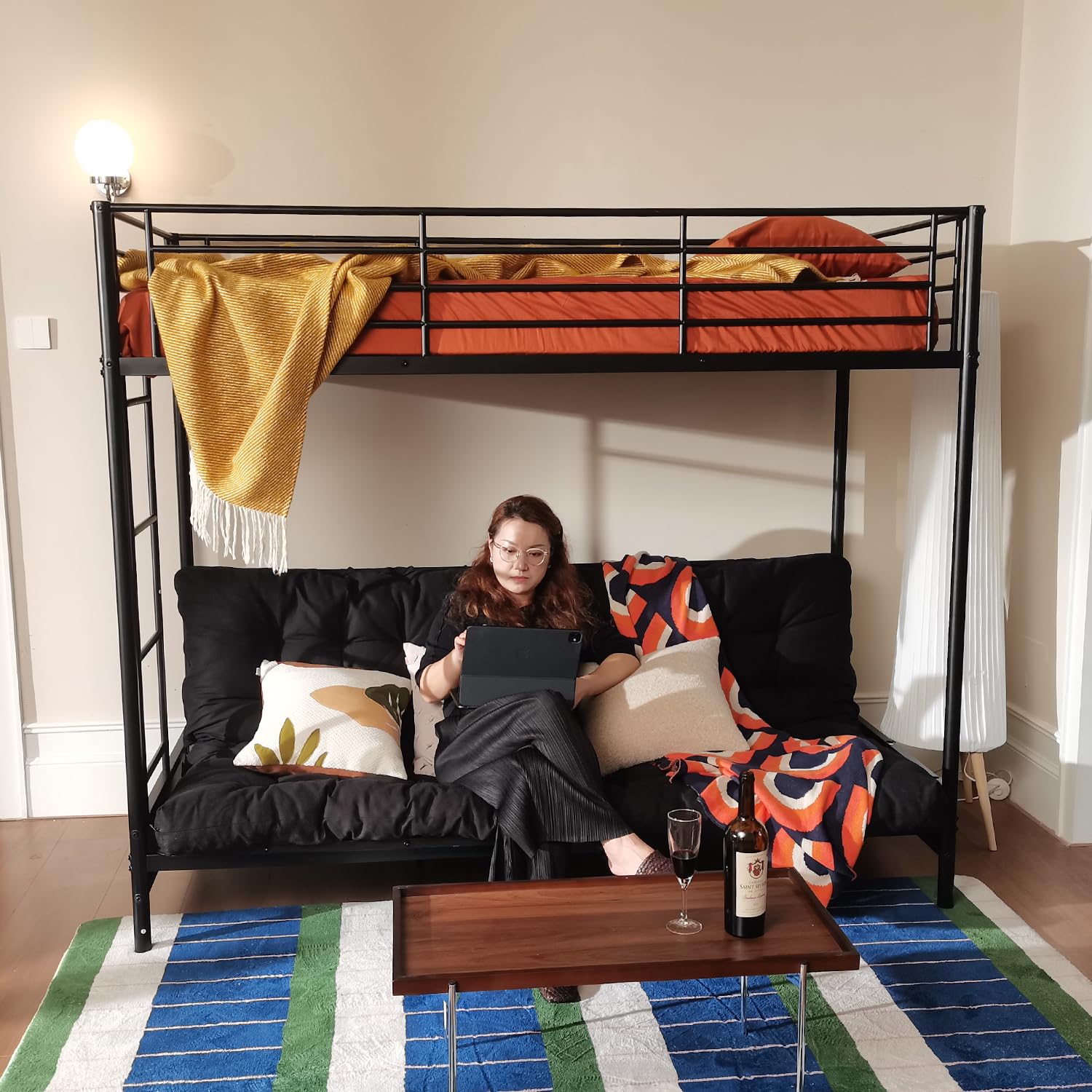 MEUBLE COSY Letto a Castello 90x190 cm con Divano Trasformabile e Rete a Doghe in Metallo, Stile Industriale, Letti per Camerette, Bambini, Adulti, Casa, Nero
