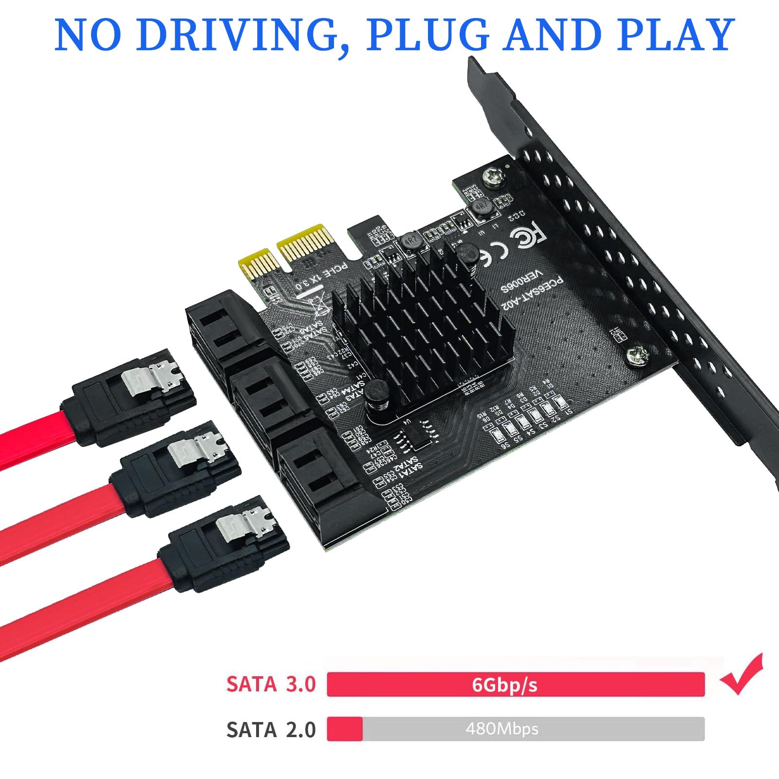 Adaptateur PCIe x1 SATA 6 Ports, controleur Gen3 6Gbit/s, ASM1166 | incl. 6 câbles SSD/HDD compatible avec Windows XP,7,8,10,11,Linux,macOS, 6 câbles SATA, 15 broches