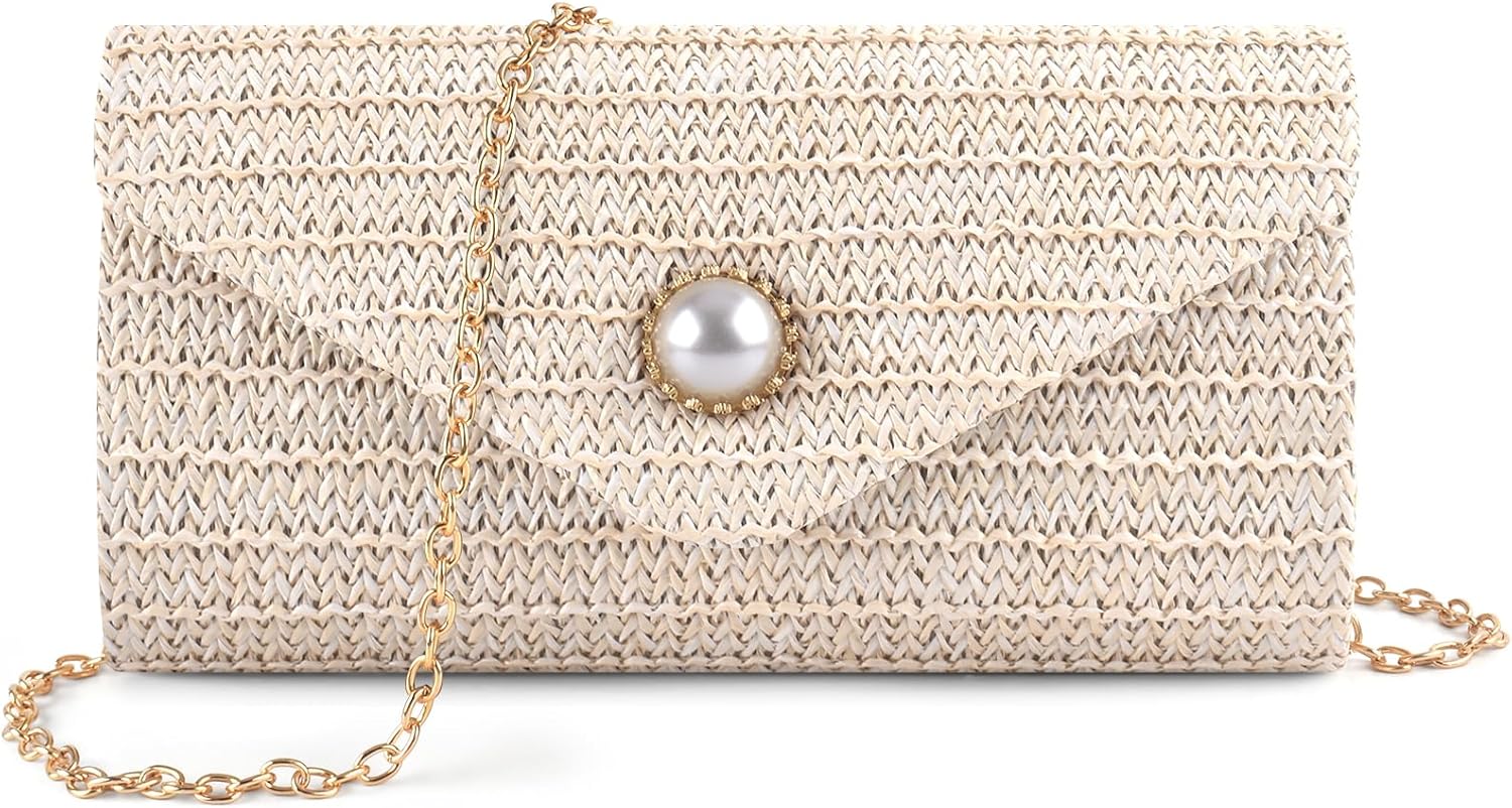 PACETAP Straw Clutch Purse for Women, Pearl Decoration Boho Crossbody Bags, Evening Clutch Purses Handbags for Wedding Party Cocktail Prom Dinner(Beige white)