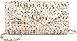 PACETAP Straw Clutch Purse for Women, Pearl Decoration Boho Crossbody Bags Handbags for Beach Travel Vacation Party Prom