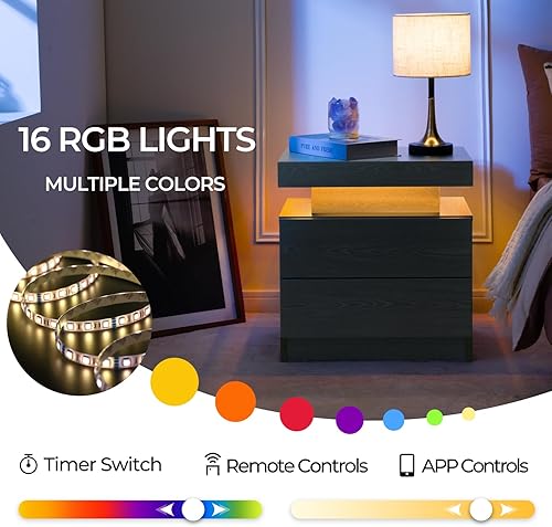 Miniatura 32 de Generic Juego de 2 Mesita de noche con 2 cajones, mesa de noche con cajones para muebles de dormitorio, mesa auxiliar con luz LED Blanco,Negro