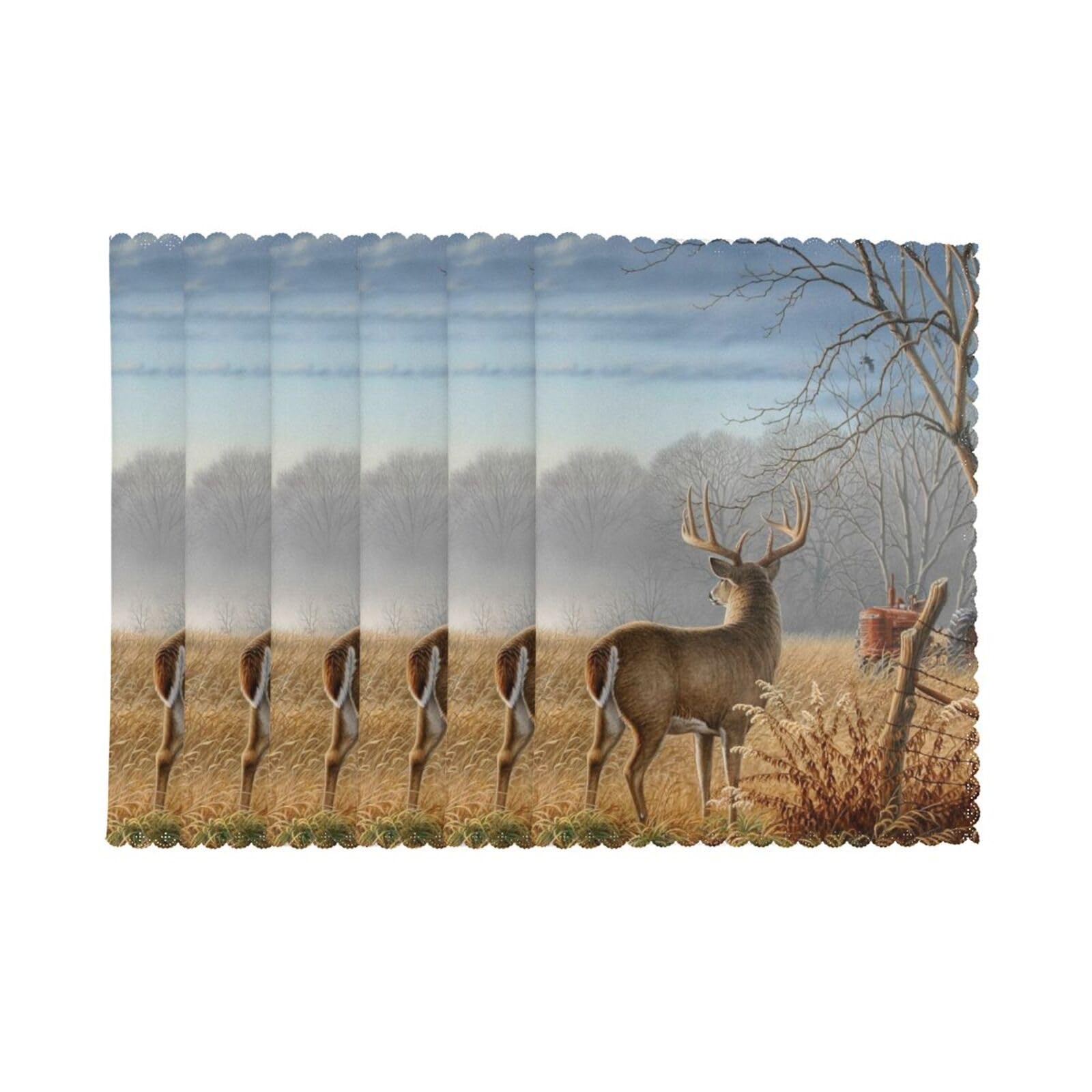 6 PCS Heat Resistant Placemat 45x30 CM, Farm with deer Printed Non-Slip Place Mats for Kitchen Dining Table Indoor Outdoor