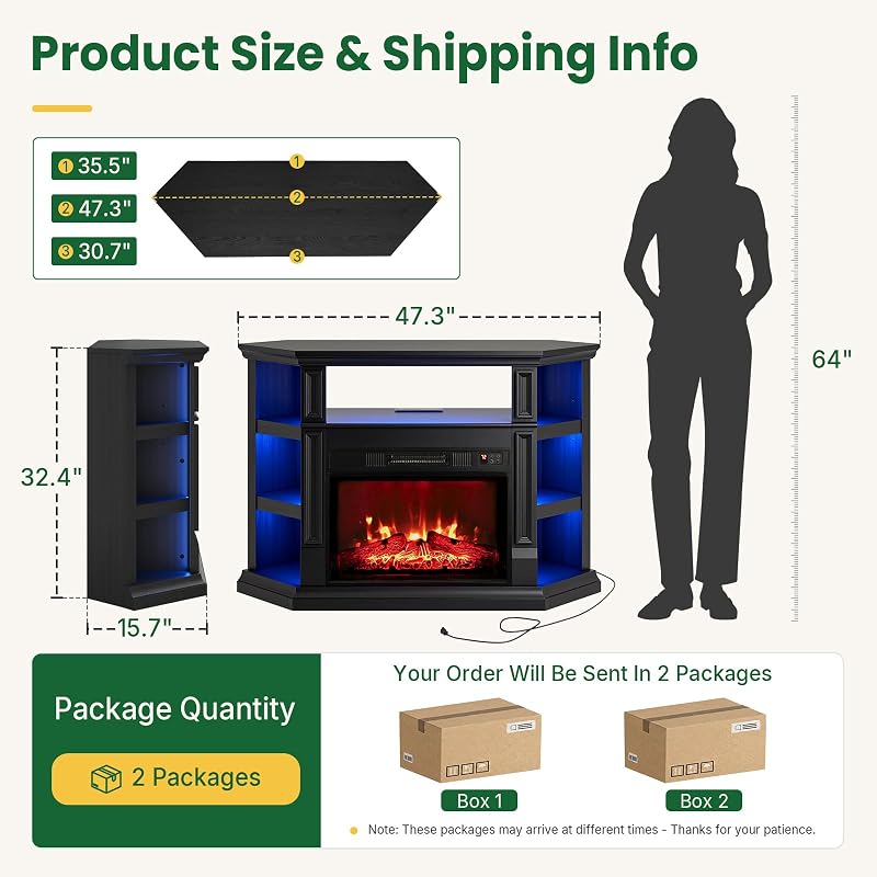 Naice 47" Corner Fireplace TV Stand for 55-Inch TVs with Storage, Black image 2