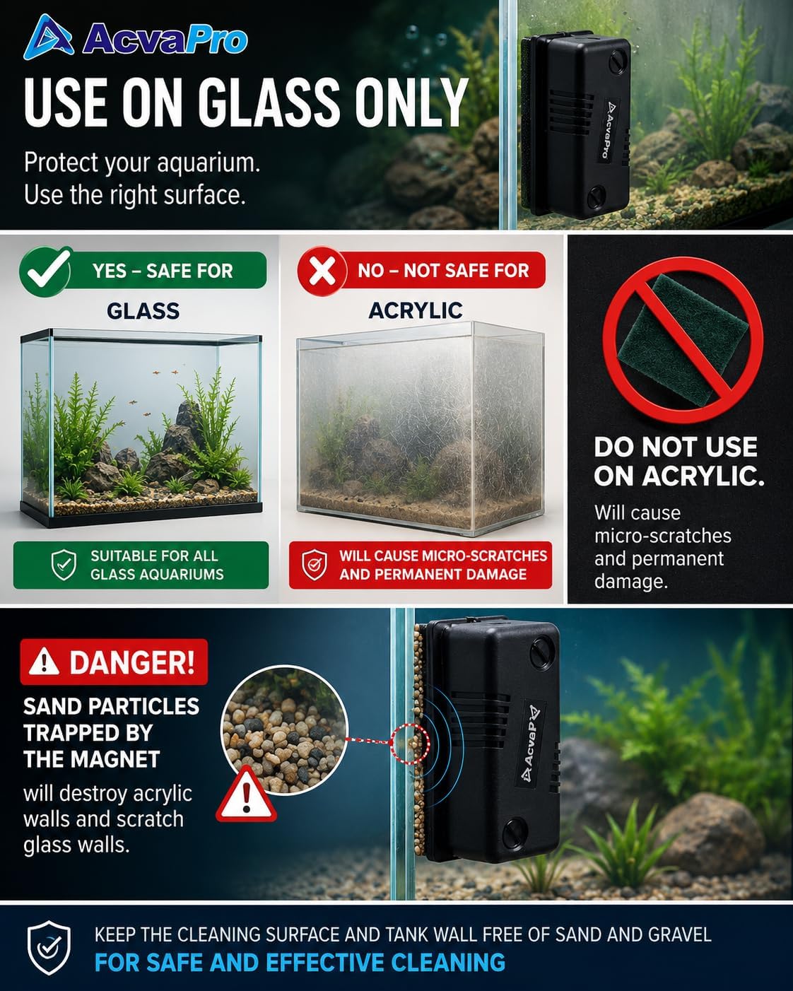 Magnetic Aquarium Glass Cleaner, Highly efficient Powerful Double Side Magnetic Fish Tank Brush and Corner Cleaner, Interchangeable Floating and Submersible (M 2.40x3.15x1.65in)
