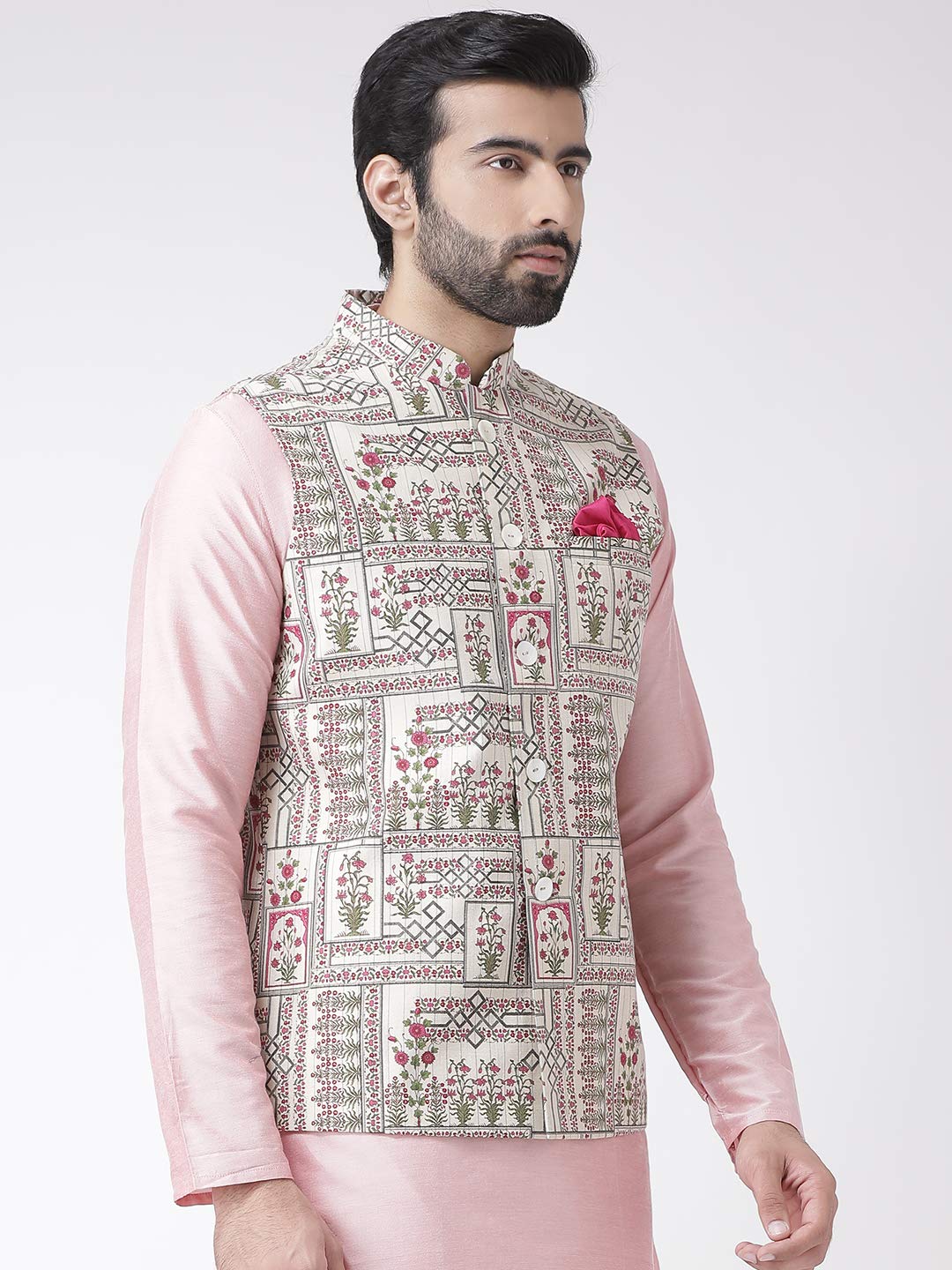 Kisah Men Off White Green Printed Nehru Jacket Ethnic Festive Waistcoat Cotton, Regular Fit|S