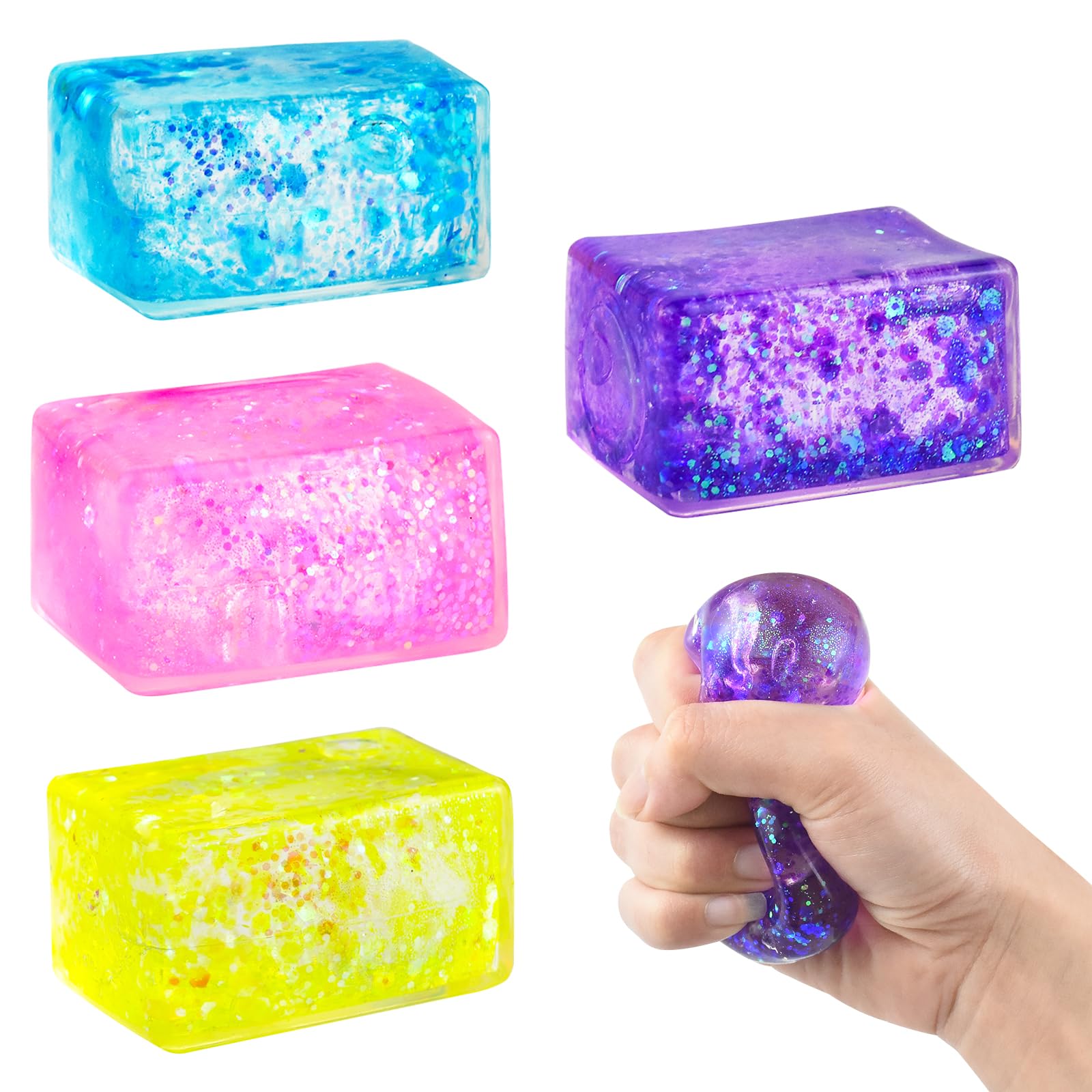 MEIEST 4 PCS Glitter Colorful Stress Cube - Sensory Fidget Squeeze Toy with Super Solid Squish-Slow Rising Ice Cube Stress Balls-Stress Relief Hand Toy