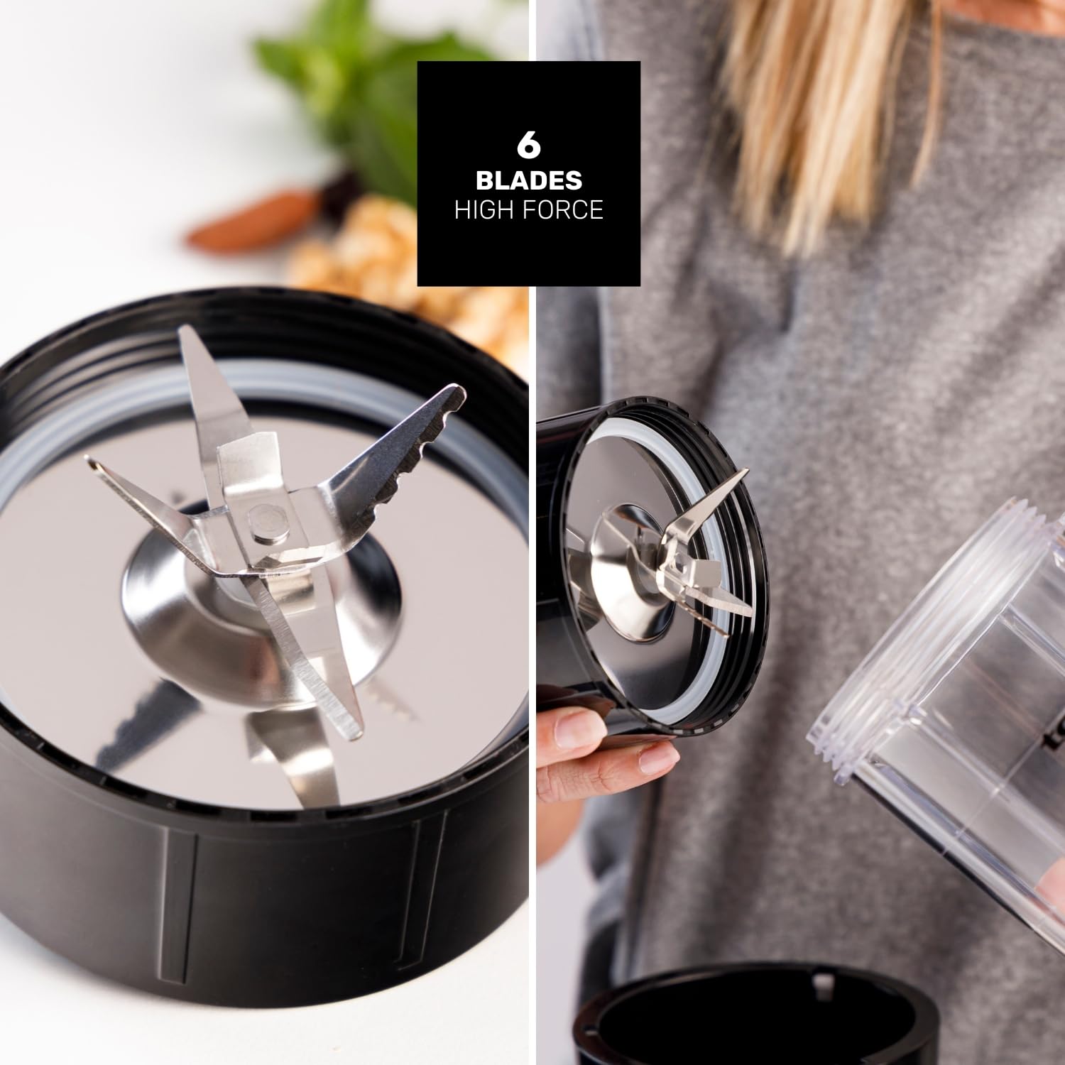Taurus Shake & Go Mix – Mini batidora portátil de 1000W con vaso de 500 ml portatil | 6 cuchillas de acero inoxidable | Tritura hielo y fruta congelada | Pulse Technology | Incluye tapas