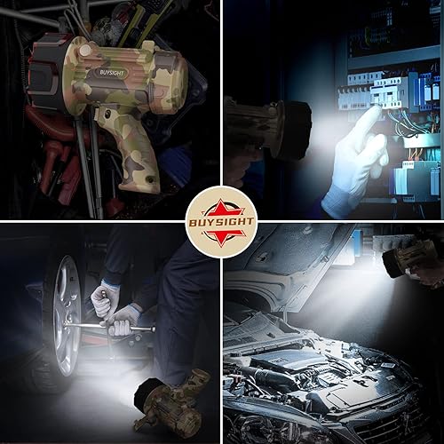 Miniatura 8 de BUYSIGHT Linterna recargable con reflector, 10000000 lúmenes, luces de mano IP67, impermeable, linterna de camping COB con filtro rojo (camuflaje