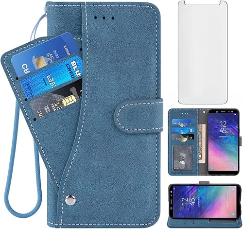 Asuwish Compatible con Samsung Galaxy A6 Funda tipo cartera y protector de pantalla de vidrio templado, soporte para tarjetas de crédito, accesorios