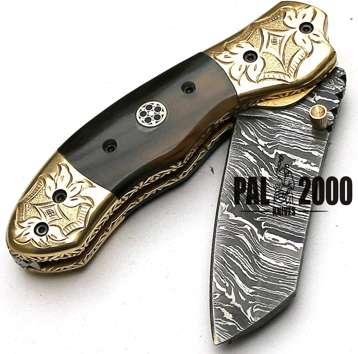 PAL 2000 KNIVES Coltello tascabile pieghevole in acciaio Damasco fatto a mano personalizzato con fodero 8904