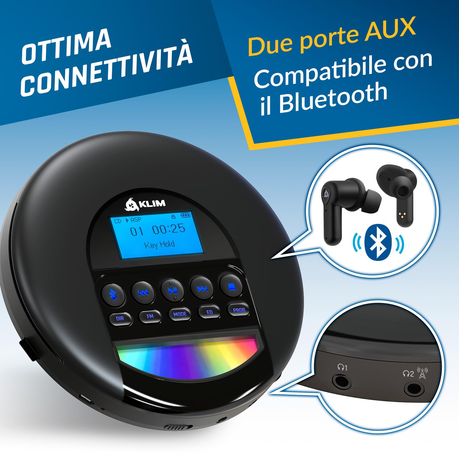 KLIM Nomad Lettore CD Portatile Bluetooth 16GB TF Card Radio FM Nero