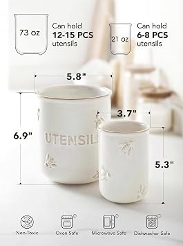 LE TAUCI Kitchen Utensil Holder Large Ceramic Organizer Set of 2, White Bee | 17.5+13.5 cm Cooking Utensil Crock for Spatula, Spoon, Whisk, Farmhouse Countertop Storage, Kitchen Decor