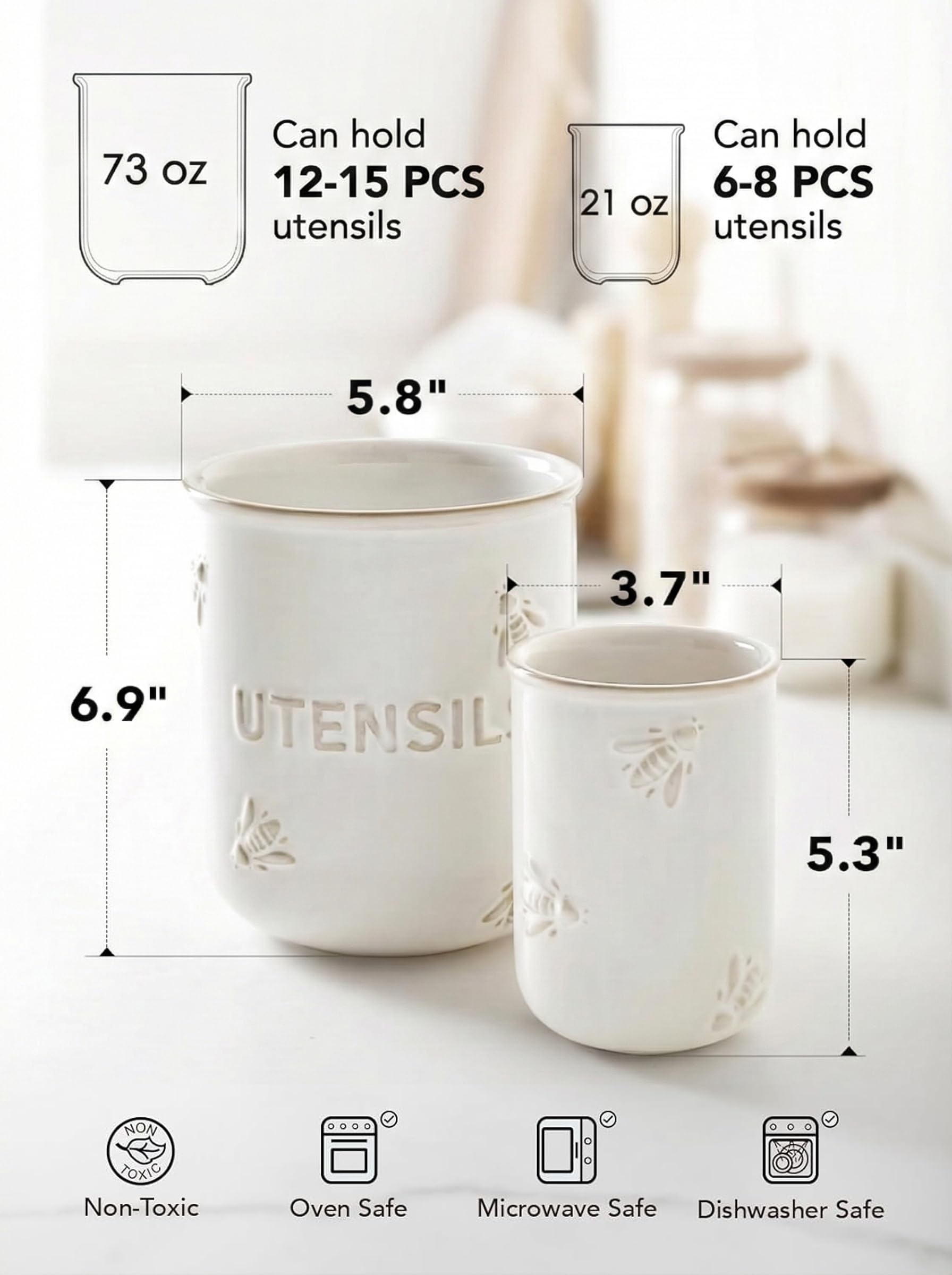 LE TAUCI Portautensili, 17,5 cm + 13,5 cm, in ceramica, per piano di lavoro, organizer per utensili da cucina in rilievo, per spatola e cucchiaio, decorazione da cucina, set di 2, bianco artico