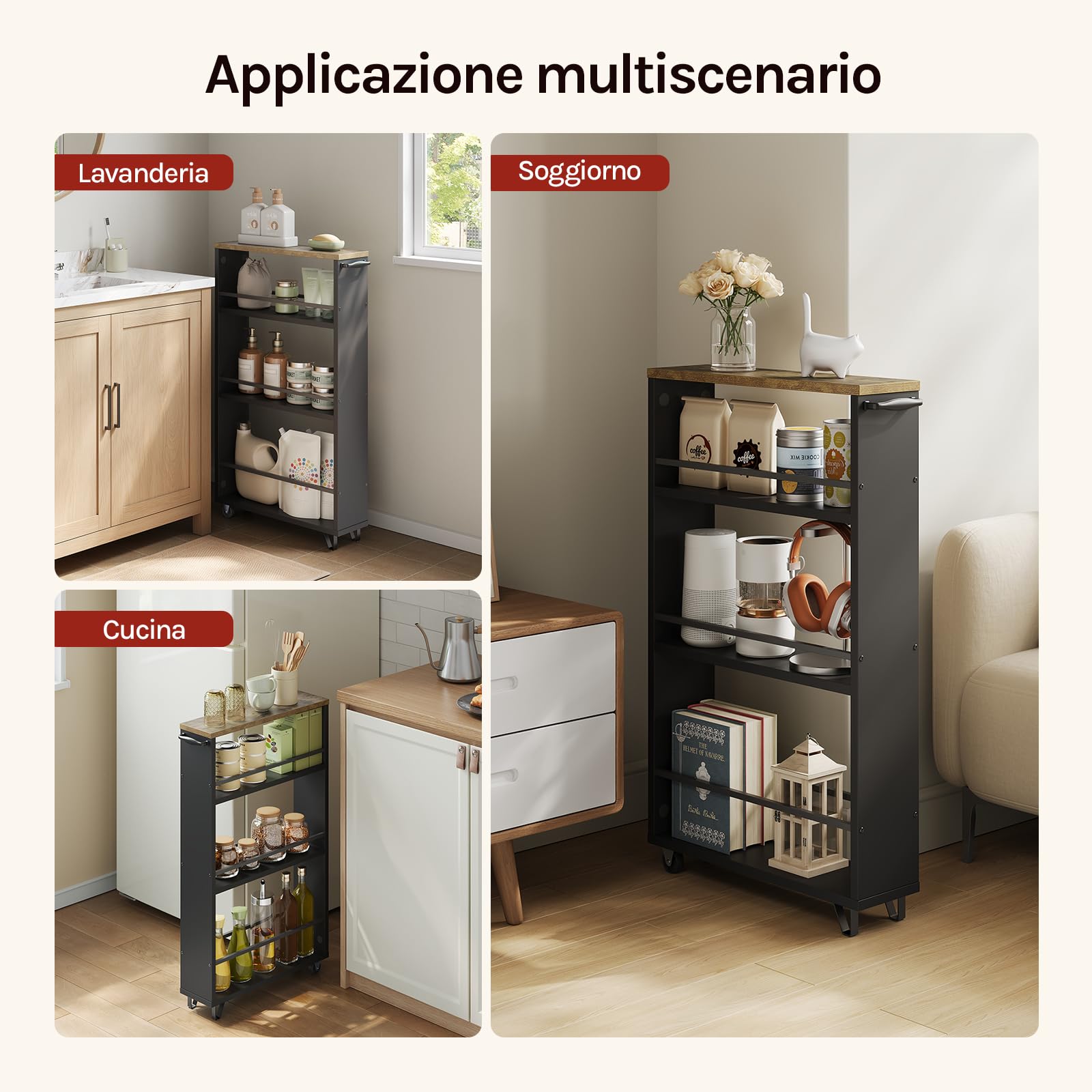 WOLTU Carrello da Cucina a 3 Ripiani, Scaffale Stretto con Ruote Bloccabili e Maniglia, Carrellino Salvaspazio Multiuso in Legno e Metallo, Nero e Marrone Vintage