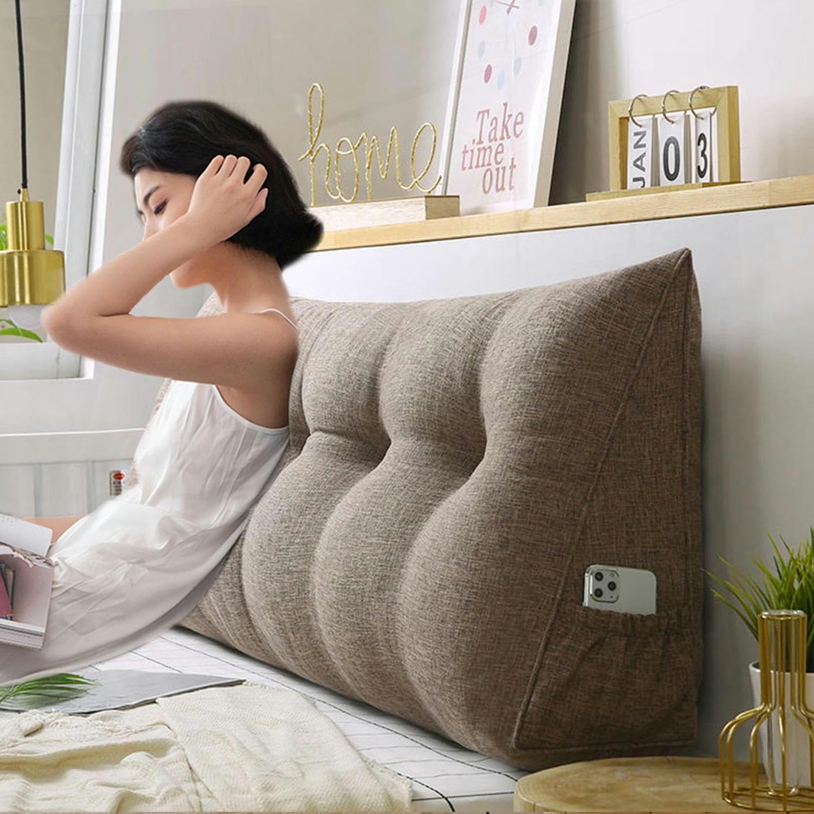 Almohada triangular grande para cabecero de cama, cojín de lino y algodón para leer, soporte de espalda, funda extraíble, cómoda almohada de posicionamiento