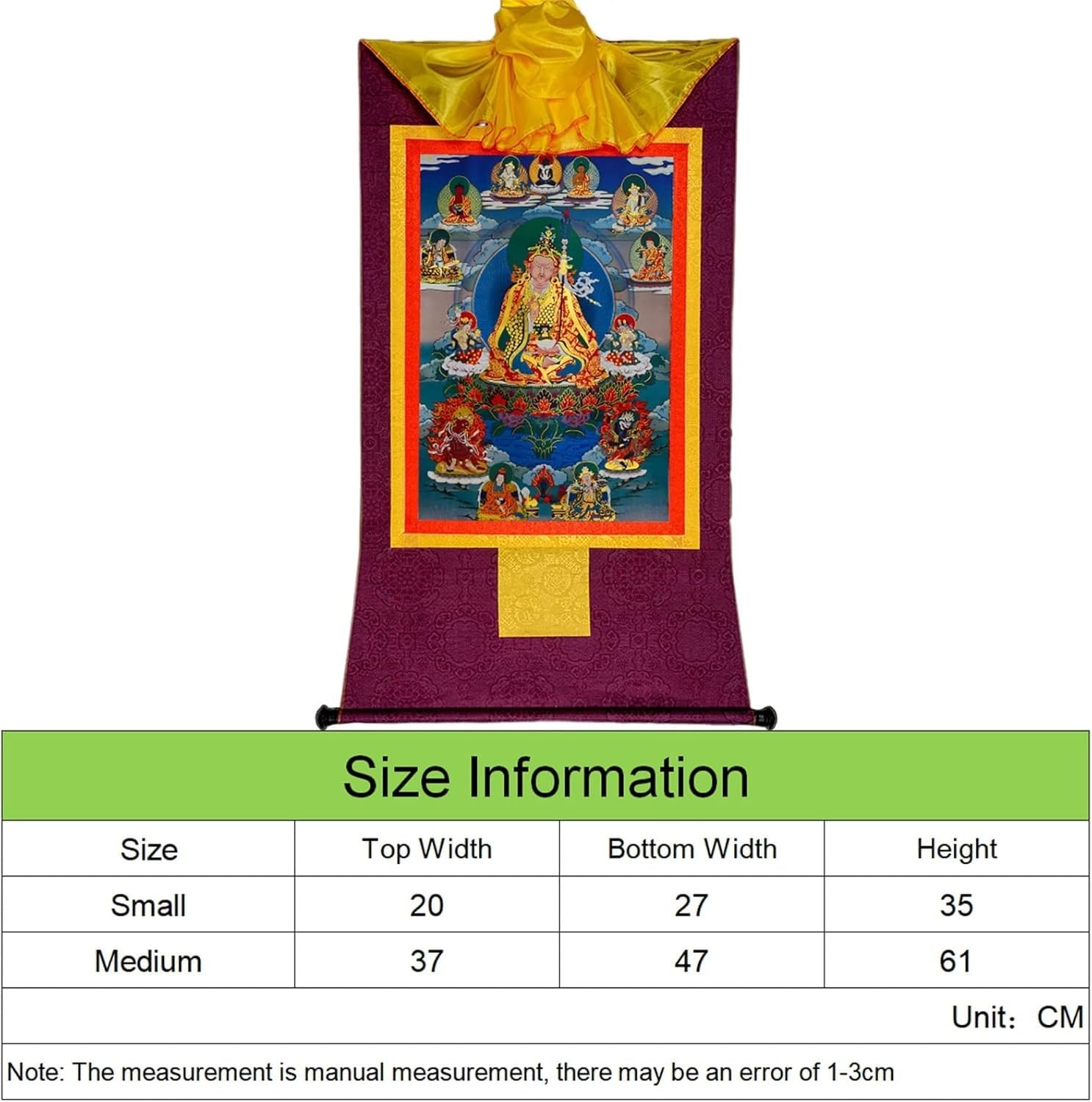Peinture tibétaine Thangka Faite à la Main, Padmasambhava – Peinture de Broderie tibétaine, Papier d'affiche en Brocart Thangka Bouddhiste Fait à la Main(Purple,S)