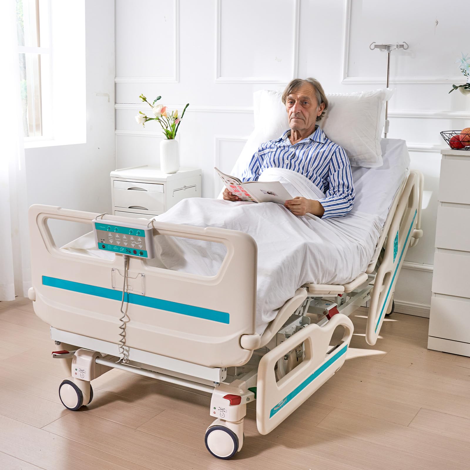 VEVOR Letto Ospedaliero con 5 Funzioni, Letto per Terapia Intensiva Medica Elettrico con Posizione Sedia Cardio, Trendelenburg Inverso, Rotelle Bloccabili per Uso Ospedaliero Domestico Carico 250kg