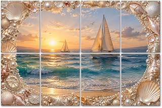 8 Pack Art Acoustic Panels Sound Absorbing Sailboats Sunset Ocean Waves Seashell Pearl Nautical Frame Golden Decorative Soundproof Wall Panels Self Adhesive for Home Recording Studios 48"x32"
